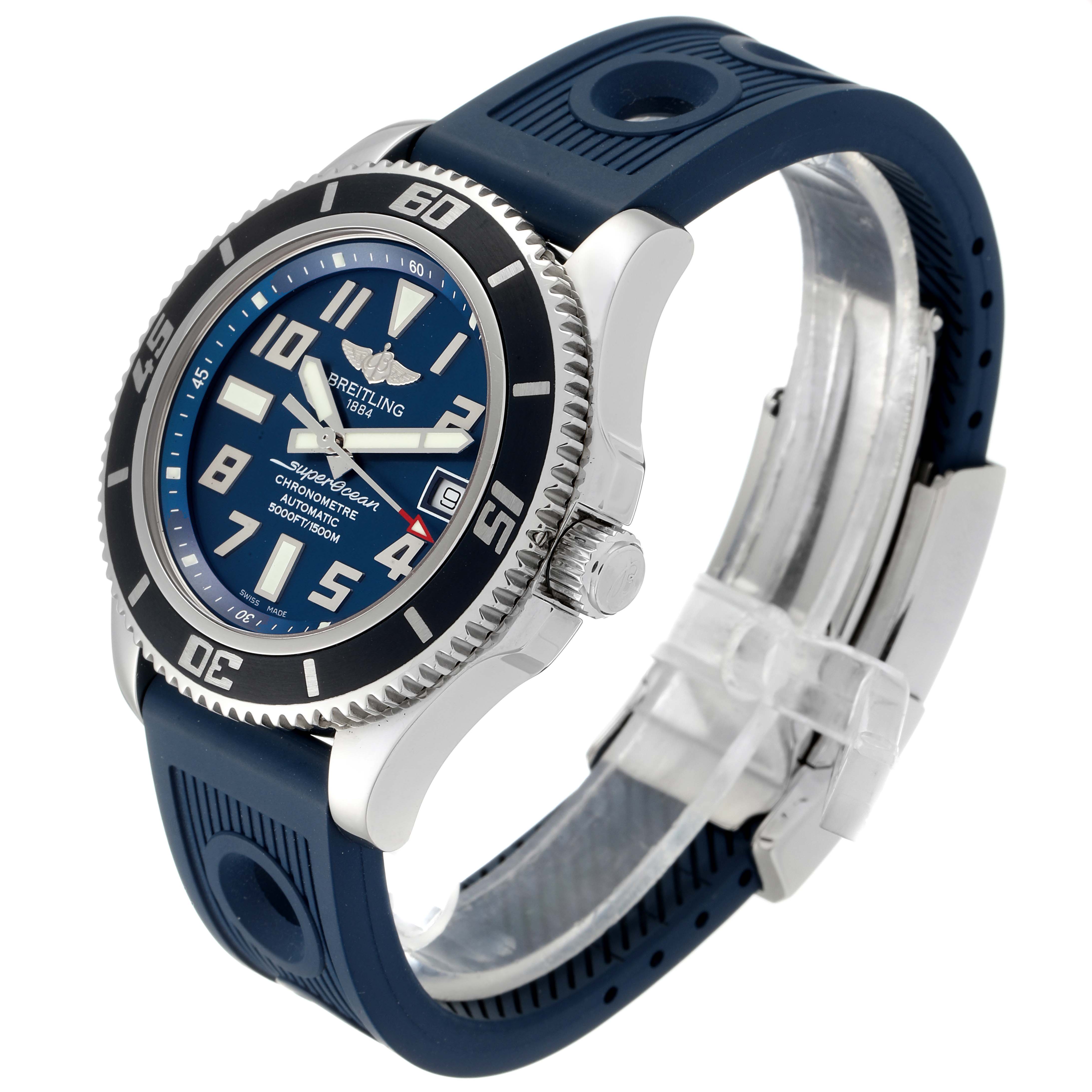 This image shows a Breitling Superocean A17364 Men's Stainless Steel Blue Dial A17364 Men's Stainless Steel Blue Dial watch at a slight side angle, highlighting the dial, bezel, crown, and rubber strap.