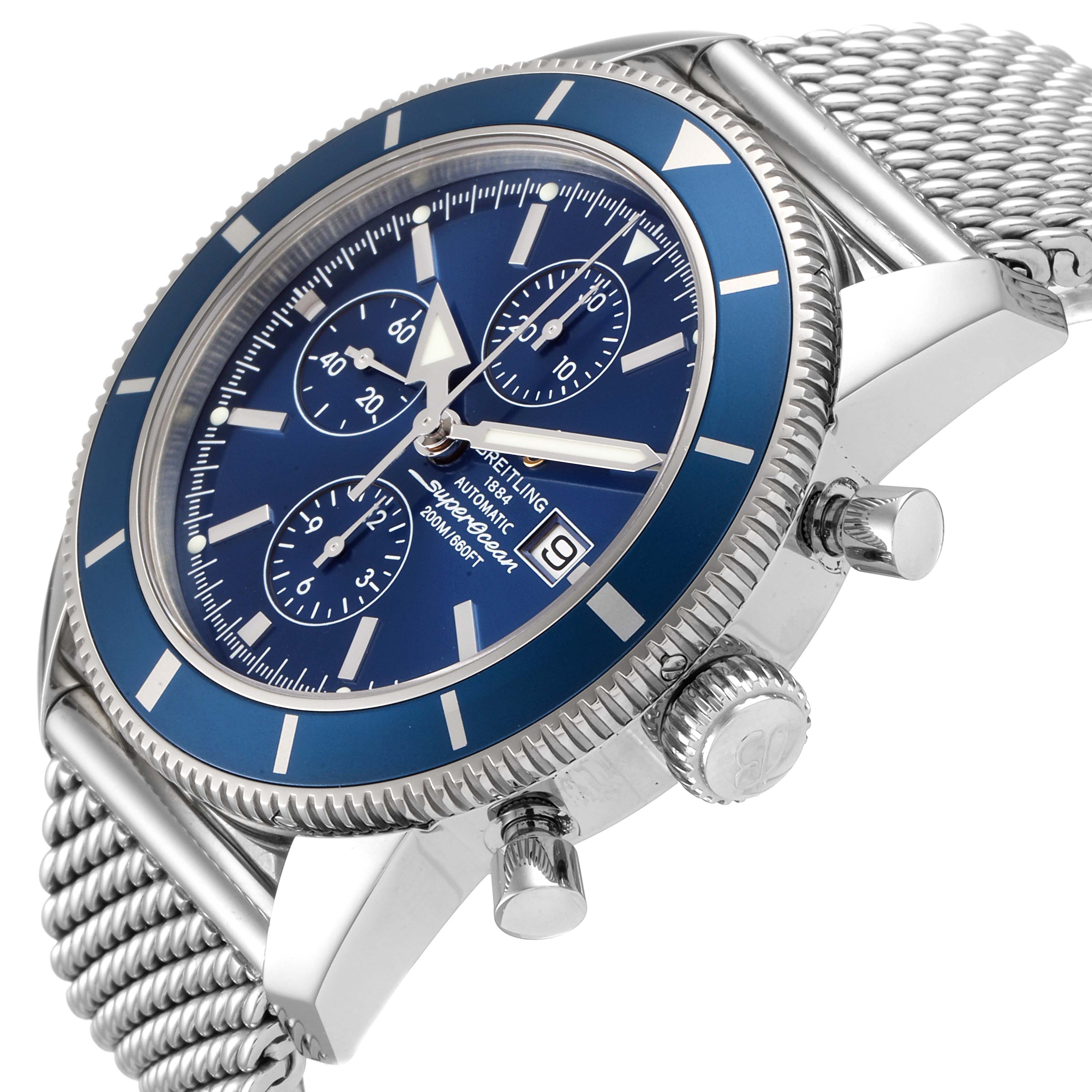 The image shows the side angle of the Breitling Superocean A13320 Men
s Stainless Steel Blue Dial A13320 Men
s Stainless Steel Blue Dial watch, highlighting its dial, bezel, crown, pushers, and mesh bracelet.