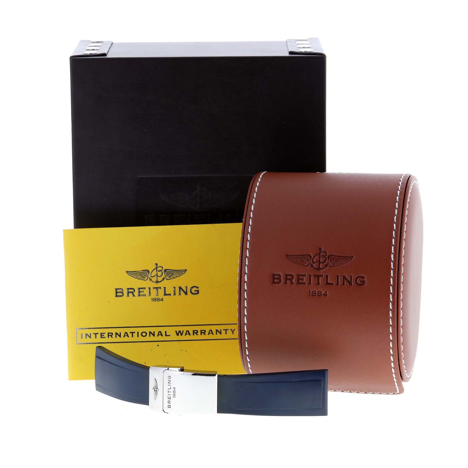 The image shows the packaging, international warranty card, a leather case, and a strap for the Breitling Superocean A13320 Men
s Stainless Steel Blue Dial A13320 Men
s Stainless Steel Blue Dial watch.
