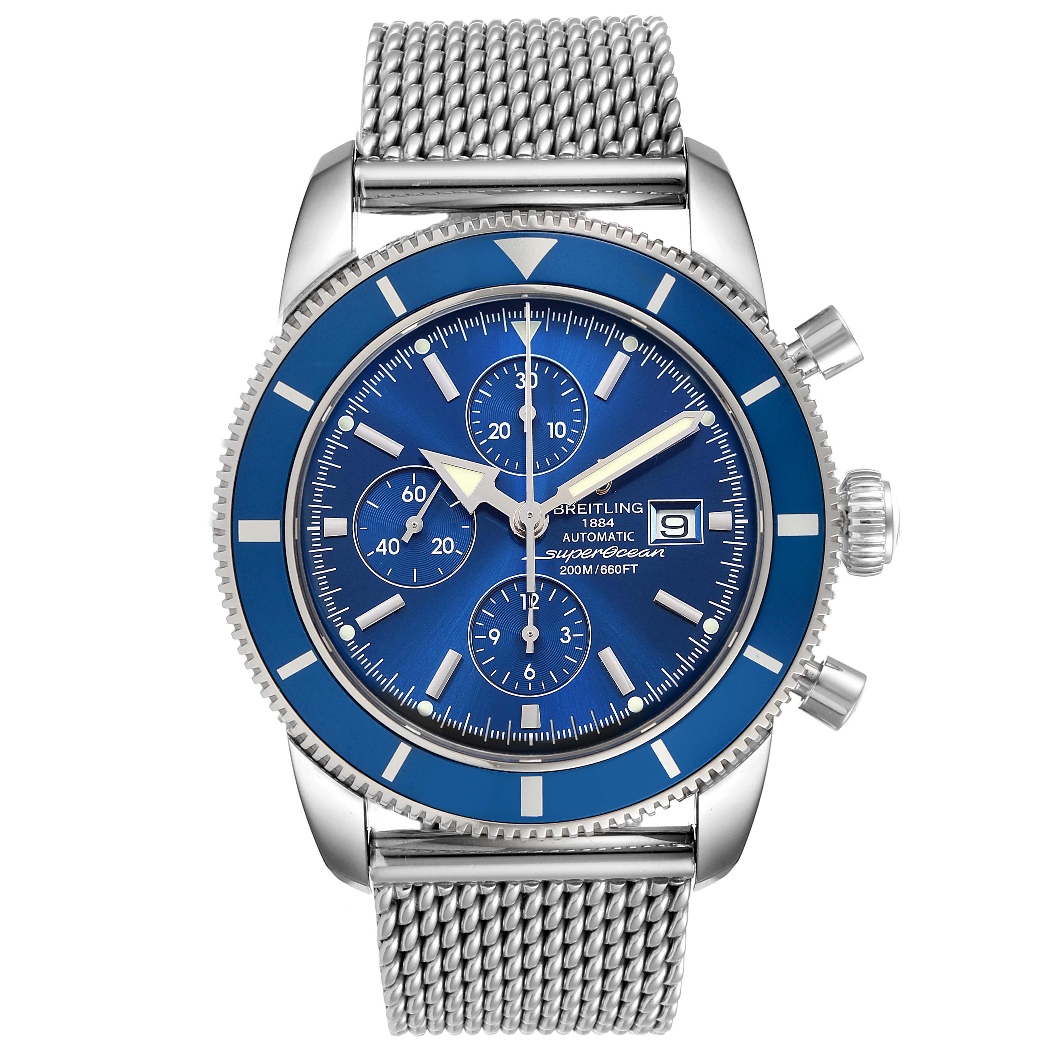 The image shows a front view of a Breitling Superocean A13320 Men
s Stainless Steel Blue Dial A13320 Men
s Stainless Steel Blue Dial model watch, highlighting the dial, bezel, crown, and mesh strap.