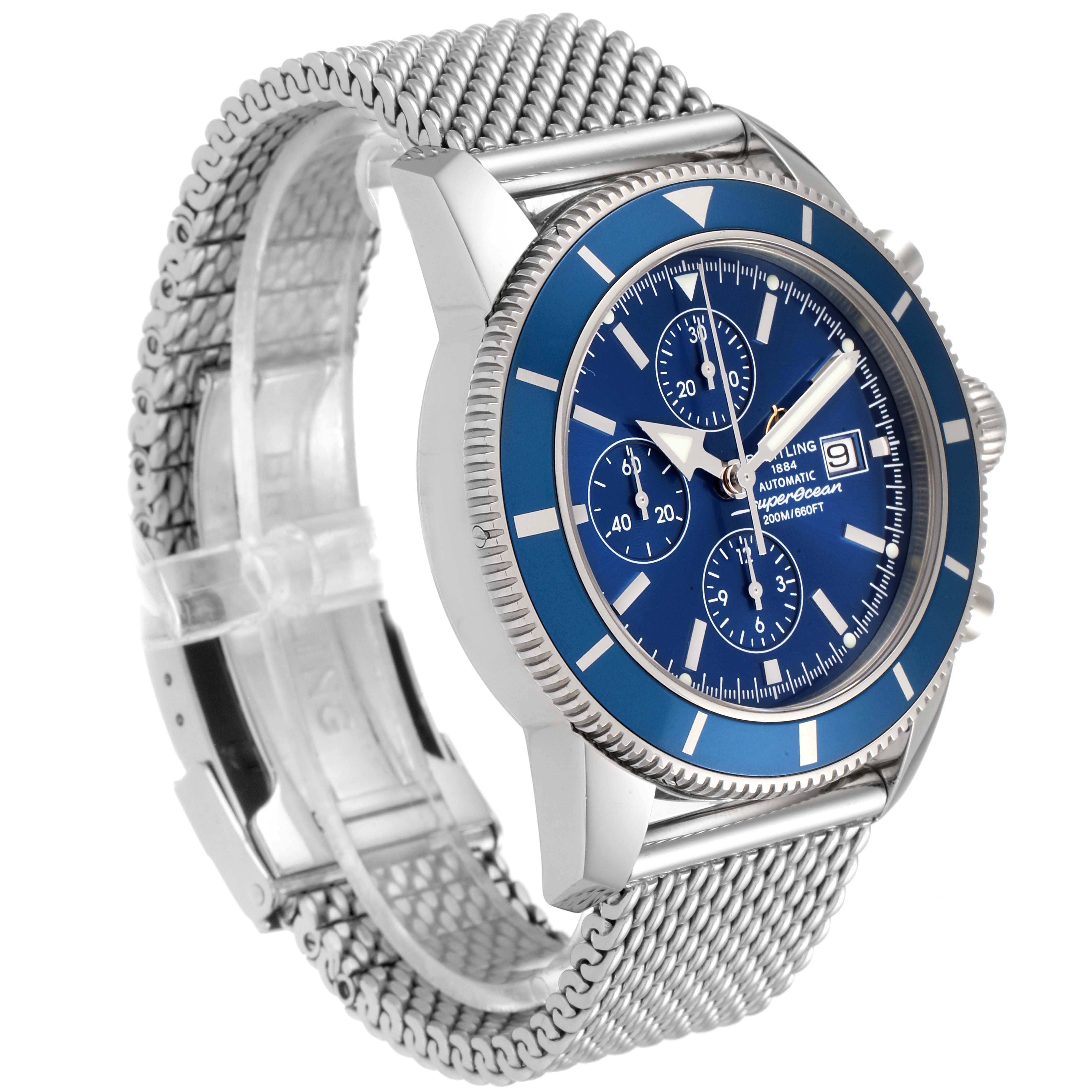 The Breitling Superocean A13320 Men
s Stainless Steel Blue Dial A13320 Men
s Stainless Steel Blue Dial watch is angled to show its blue dial, bezel, case, crowns, and mesh bracelet.
