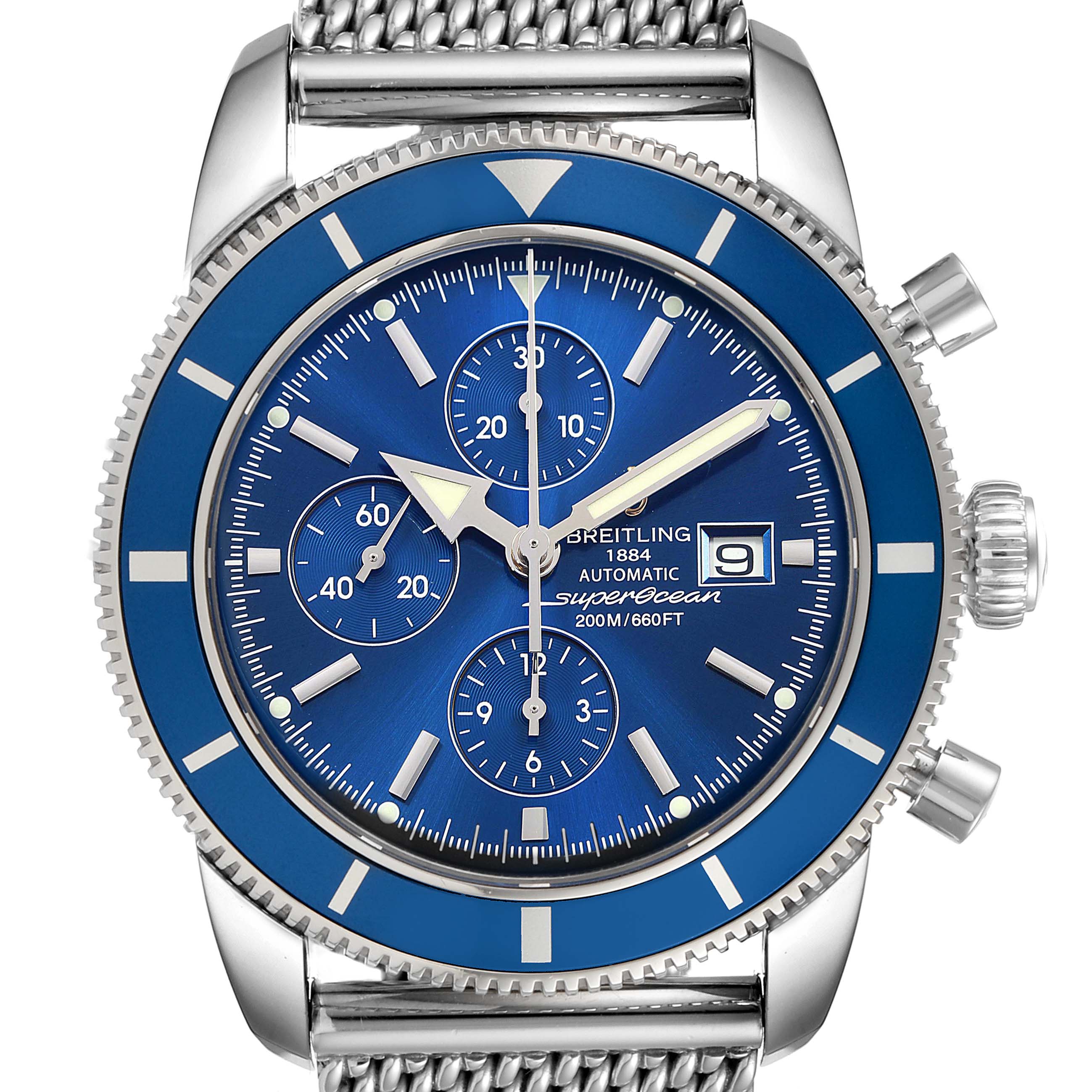 The image shows a front view of a Breitling Superocean A13320 Men
s Stainless Steel Blue Dial A13320 Men
s Stainless Steel Blue Dial watch, highlighting its blue dial, date window, and chronograph subdials.