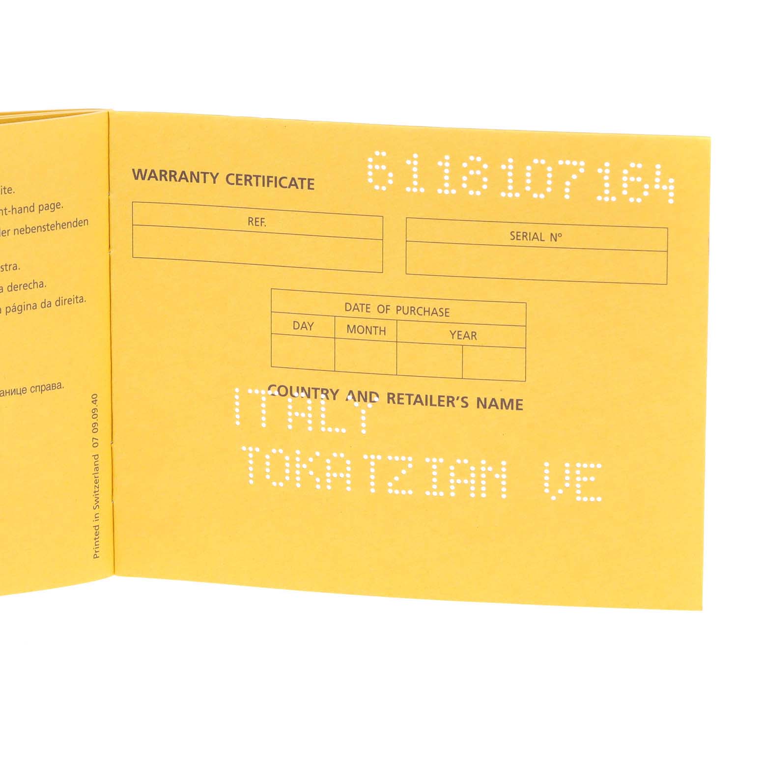 This image shows the warranty certificate booklet for the Breitling Superocean A13320 Men
s Stainless Steel Blue Dial A13320 Men
s Stainless Steel Blue Dial watch, viewed from the inside.