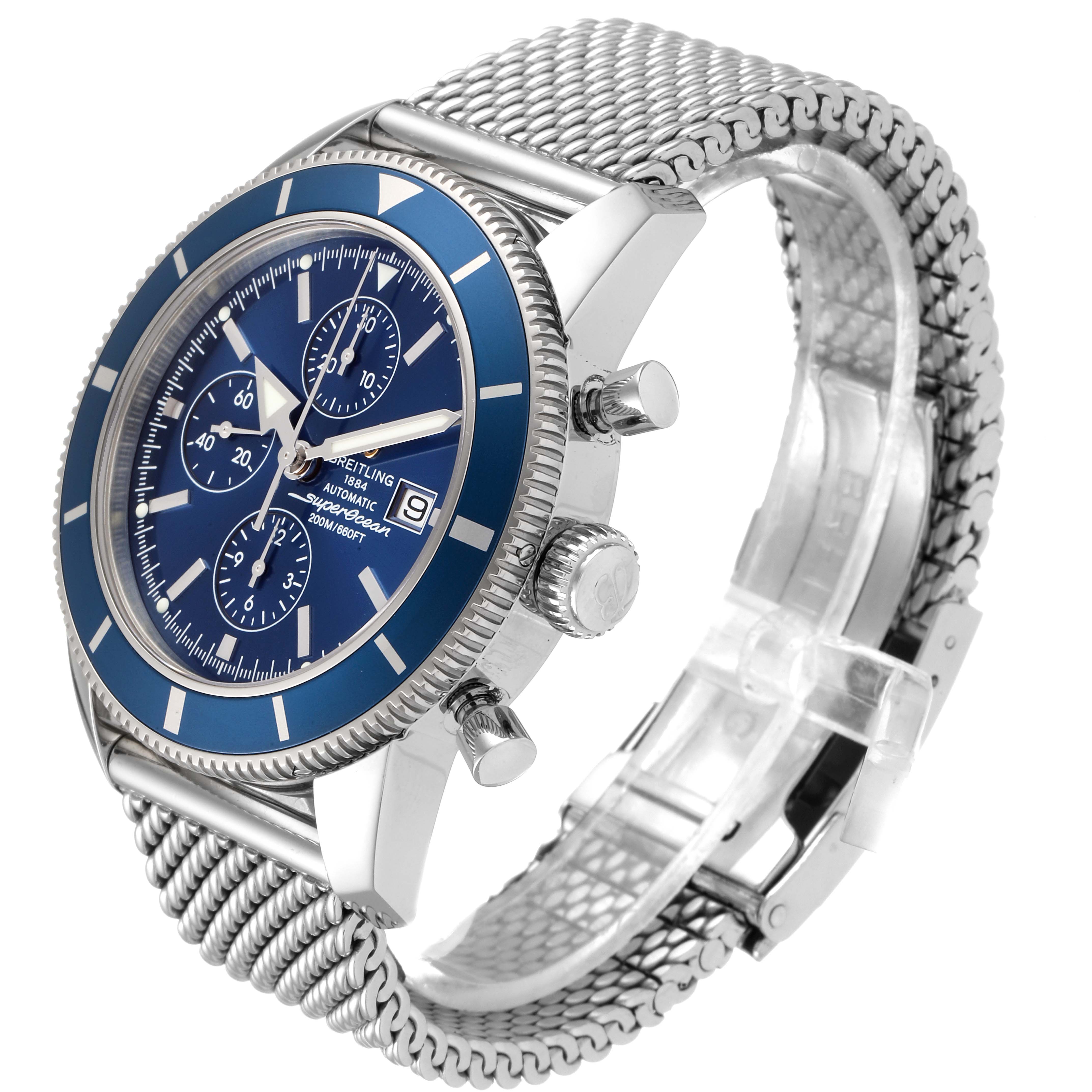 The image shows a side view of the Breitling Superocean A13320 Men
s Stainless Steel Blue Dial A13320 Men
s Stainless Steel Blue Dial watch, highlighting its blue dial, chronograph subdials, bezel, and mesh bracelet.