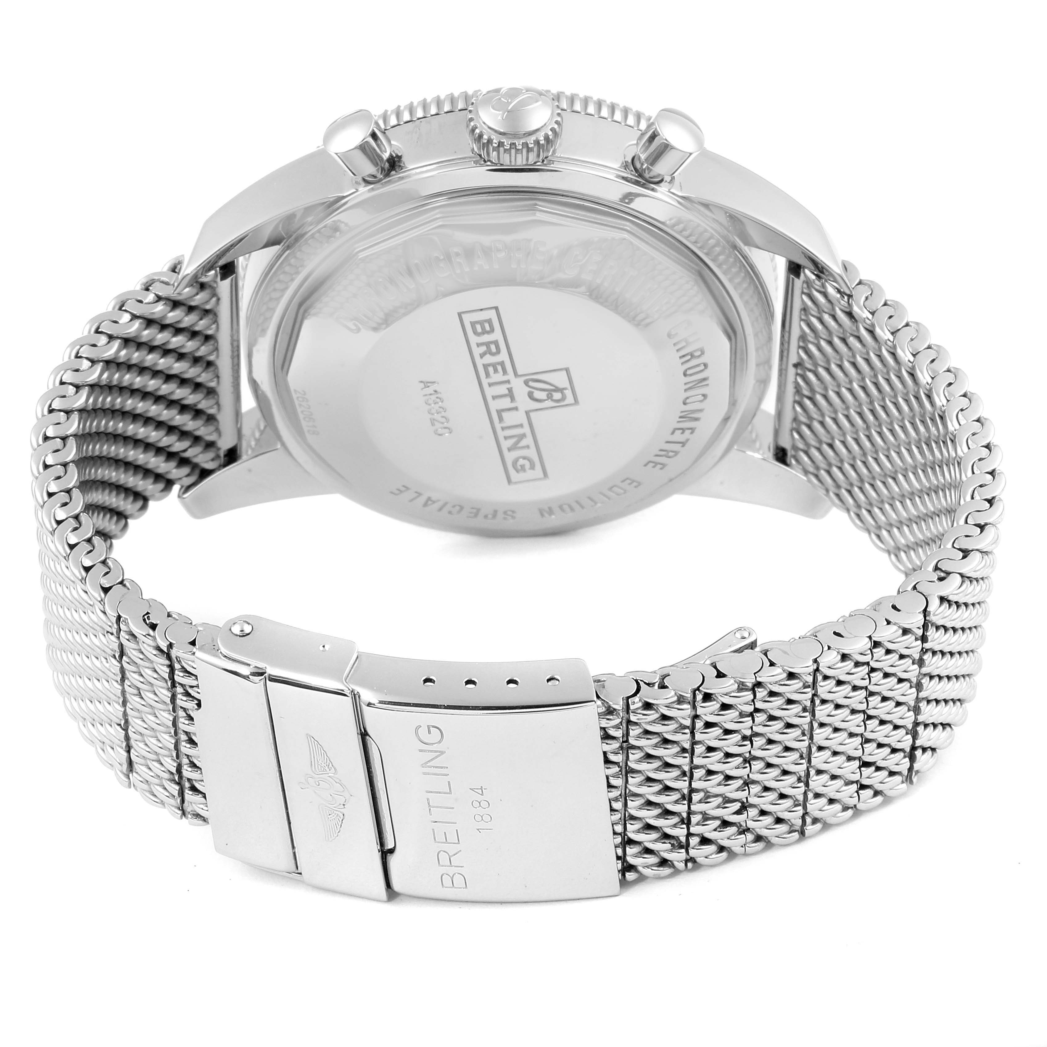 The image shows the back and clasp of a Breitling Superocean A13320 Men
s Stainless Steel Blue Dial A13320 Men
s Stainless Steel Blue Dial watch, highlighting its stainless steel case and mesh bracelet.