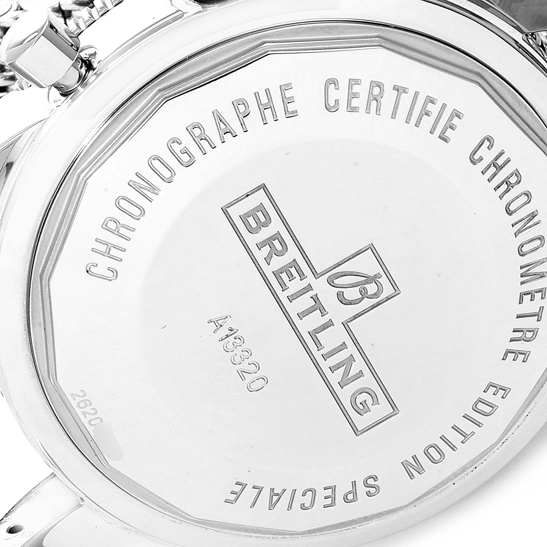 The image shows the back case of a Breitling Superocean A13320 Men
s Stainless Steel Blue Dial A13320 Men
s Stainless Steel Blue Dial watch, featuring engraved branding and model details.