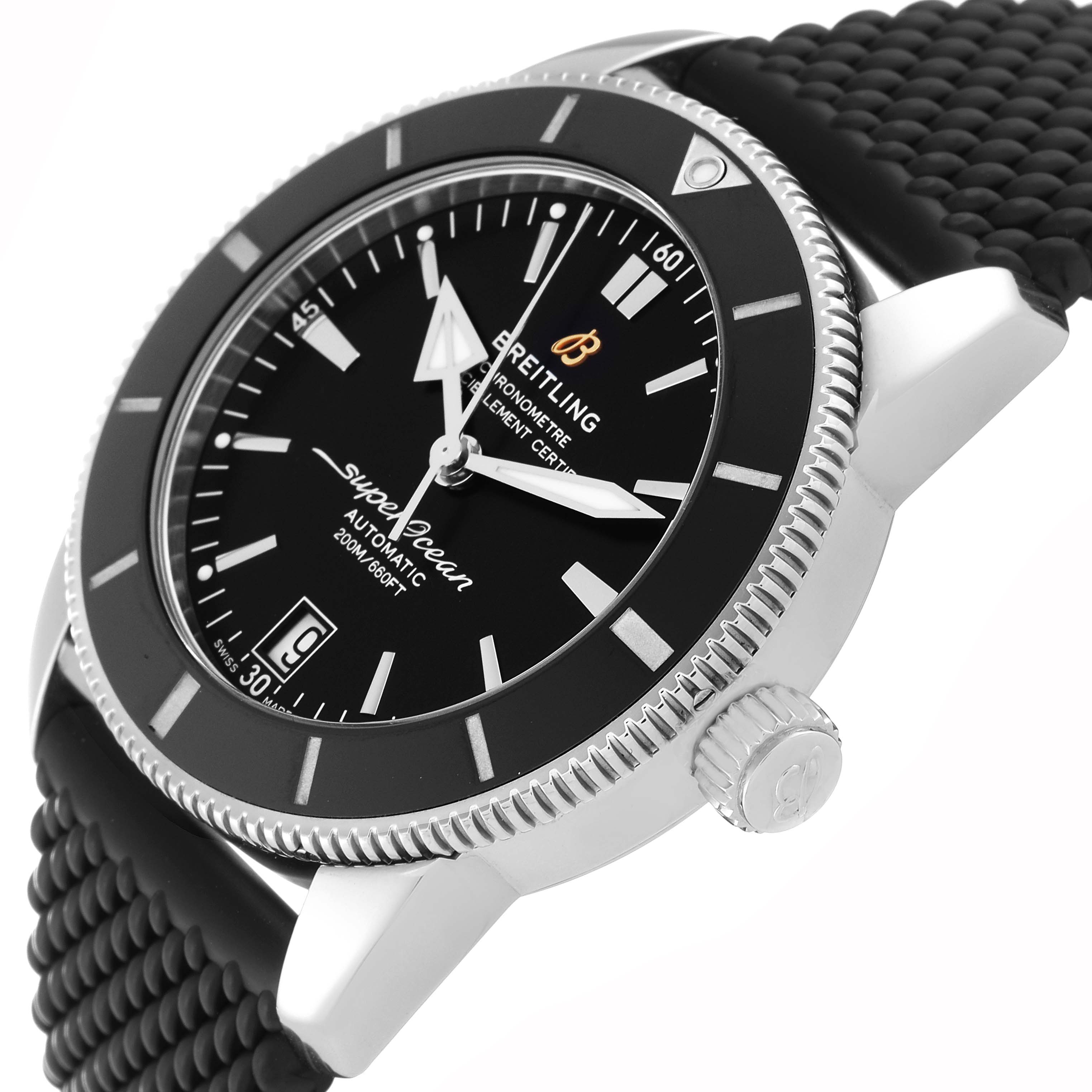 The image shows a close-up side angle of the Breitling Superocean AB2010 Men's Stainless Steel Black Dial AB2010 Men's Stainless Steel Black Dial watch, highlighting its bezel, dial, crown, and strap.