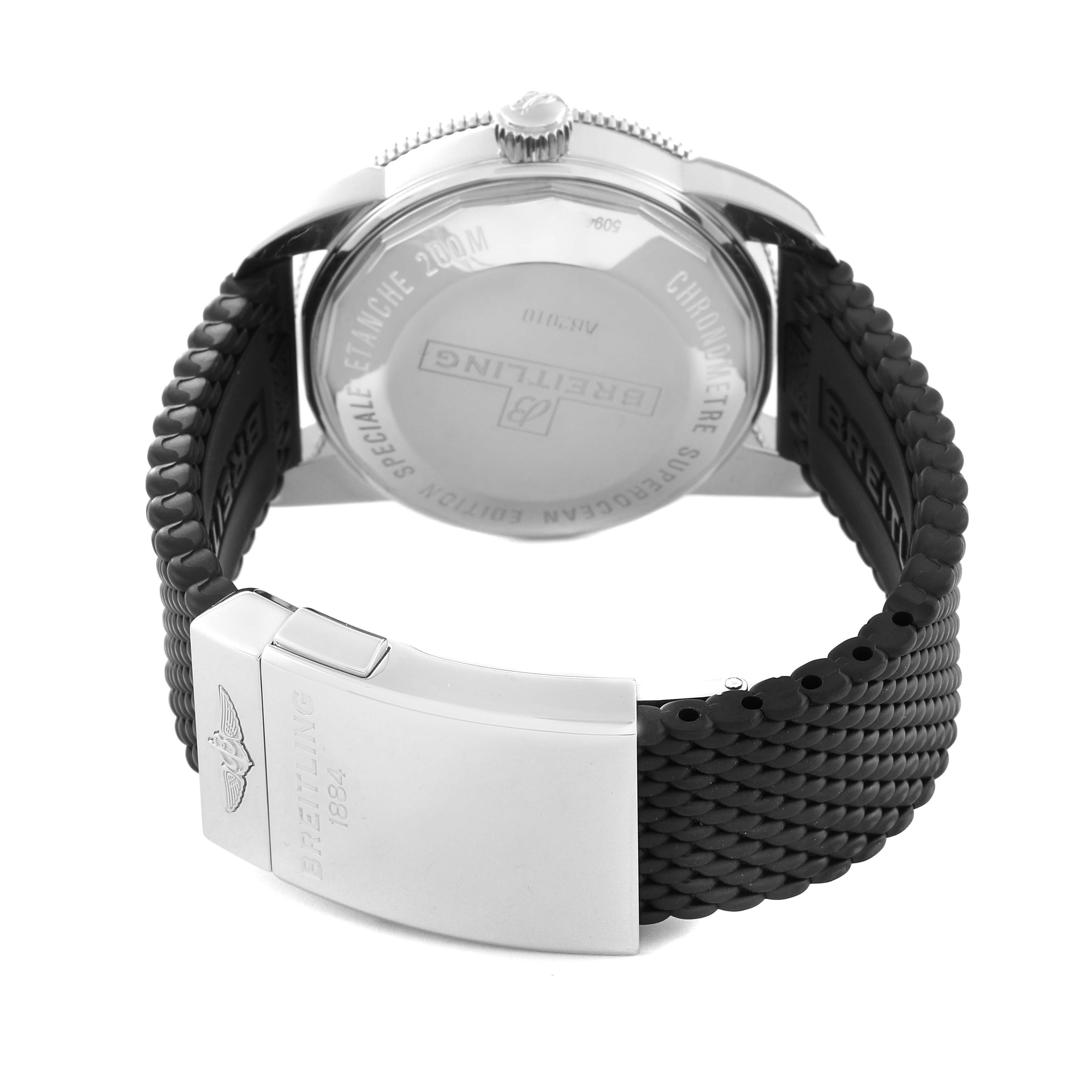 The image shows the back view of a Breitling Superocean AB2010 Men's Stainless Steel Black Dial AB2010 Men's Stainless Steel Black Dial watch, highlighting its case back, crown, and rubber strap with clasp.