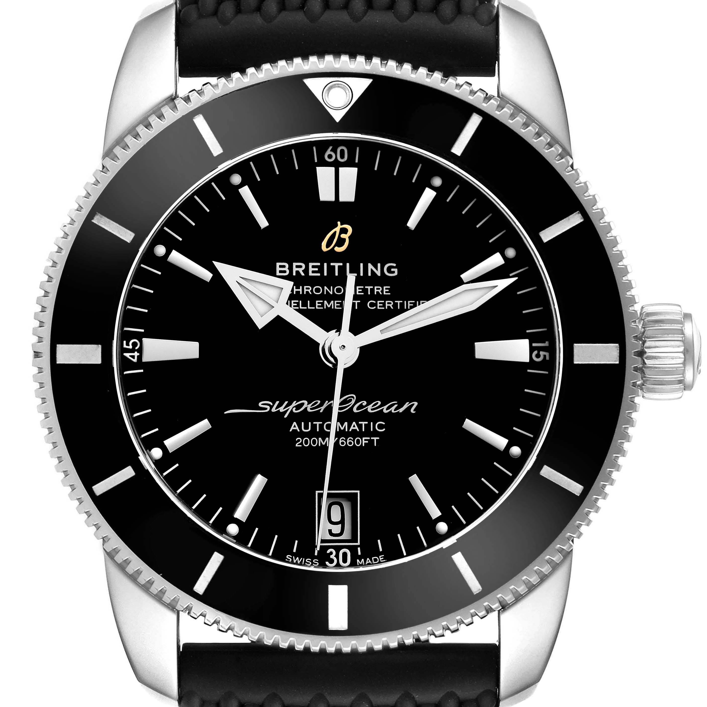 The Breitling Superocean AB2010 Men's Stainless Steel Black Dial AB2010 Men's Stainless Steel Black Dial watch is shown from the front, displaying the dial, hands, bezel, and part of the strap.