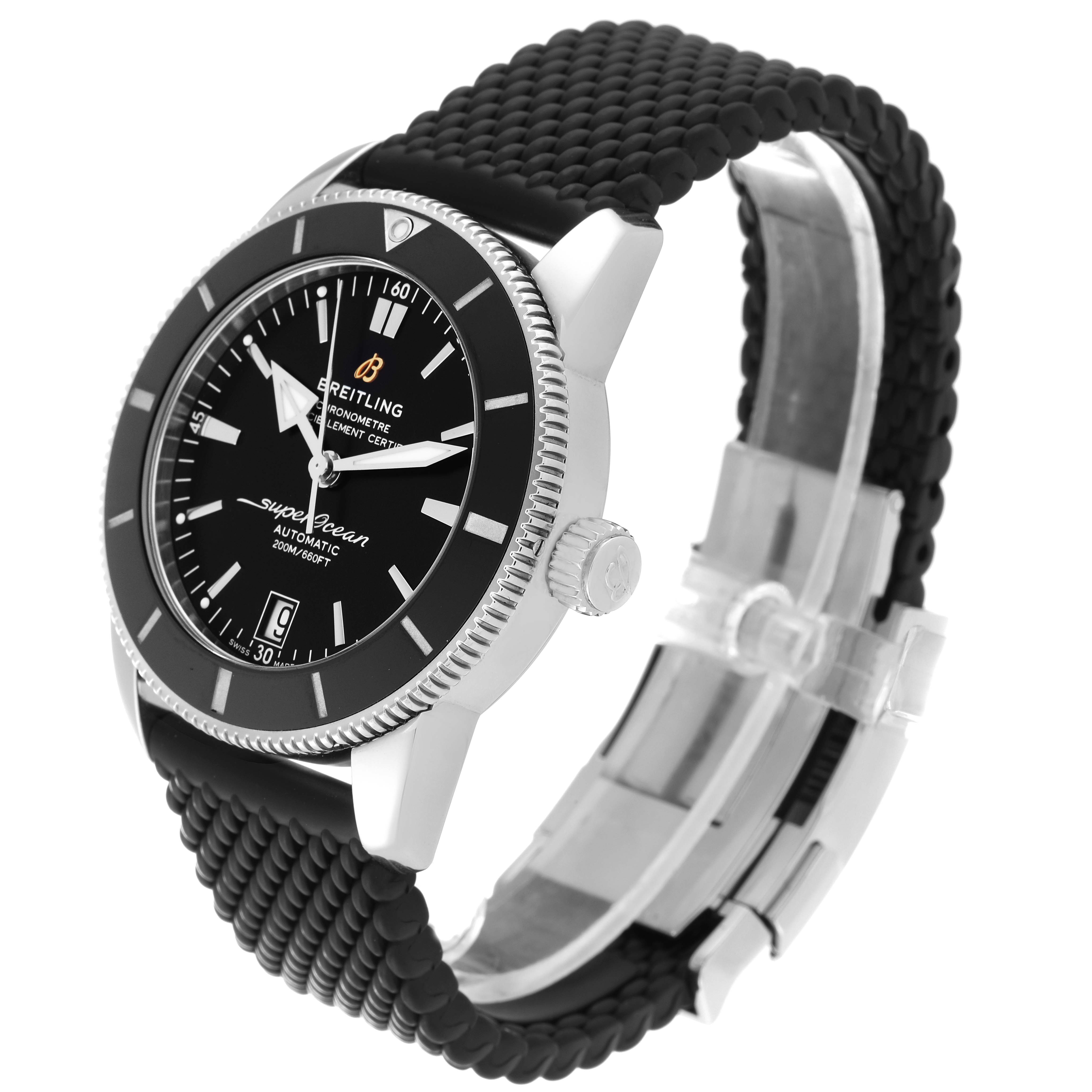 The Breitling Superocean AB2010 Men's Stainless Steel Black Dial AB2010 Men's Stainless Steel Black Dial watch is shown from a three-quarter angle, displaying the face, bezel, crown, and rubber strap.