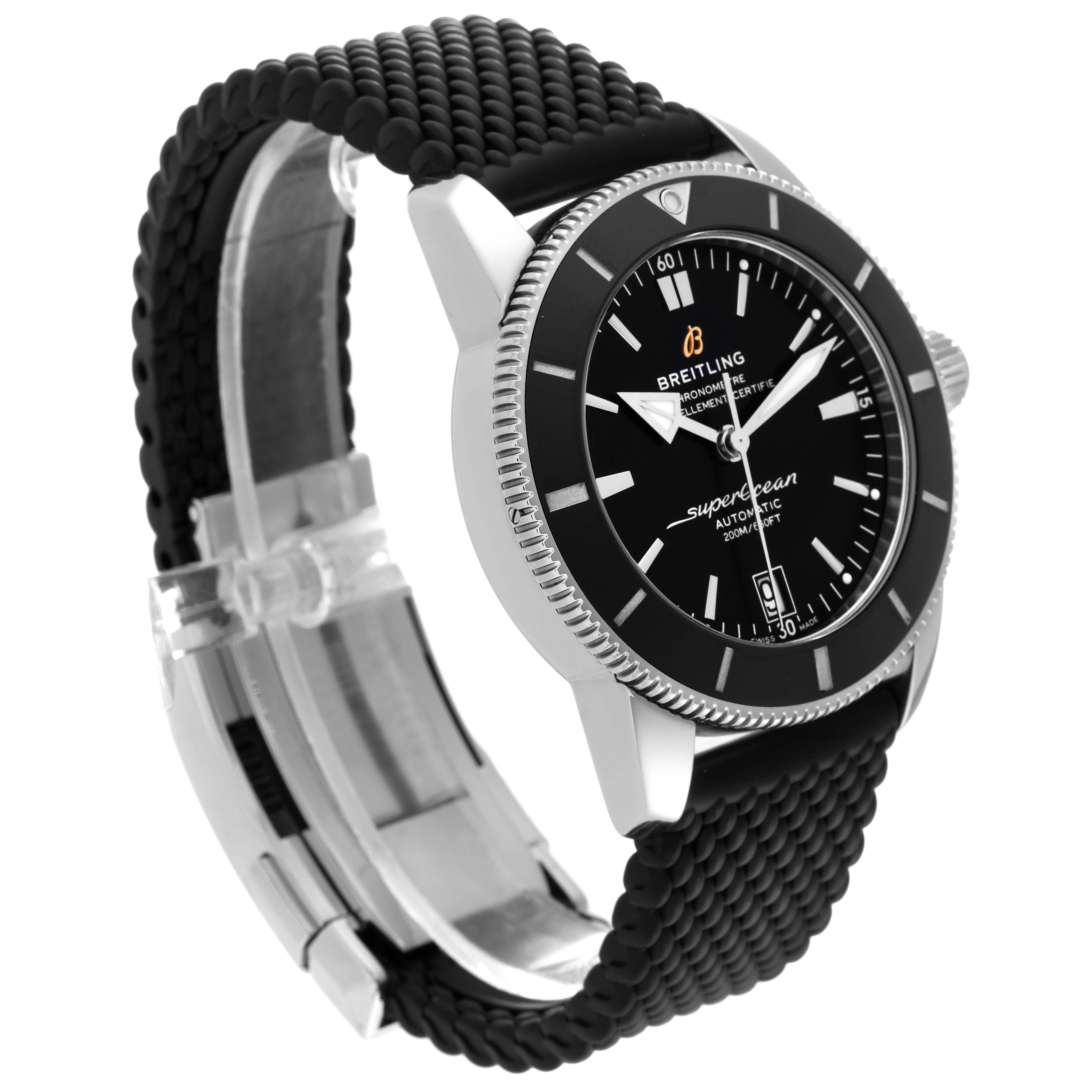 The image shows a Breitling Superocean AB2010 Men's Stainless Steel Black Dial AB2010 Men's Stainless Steel Black Dial watch at a three-quarter angle, displaying the dial, bezel, case, and strap.