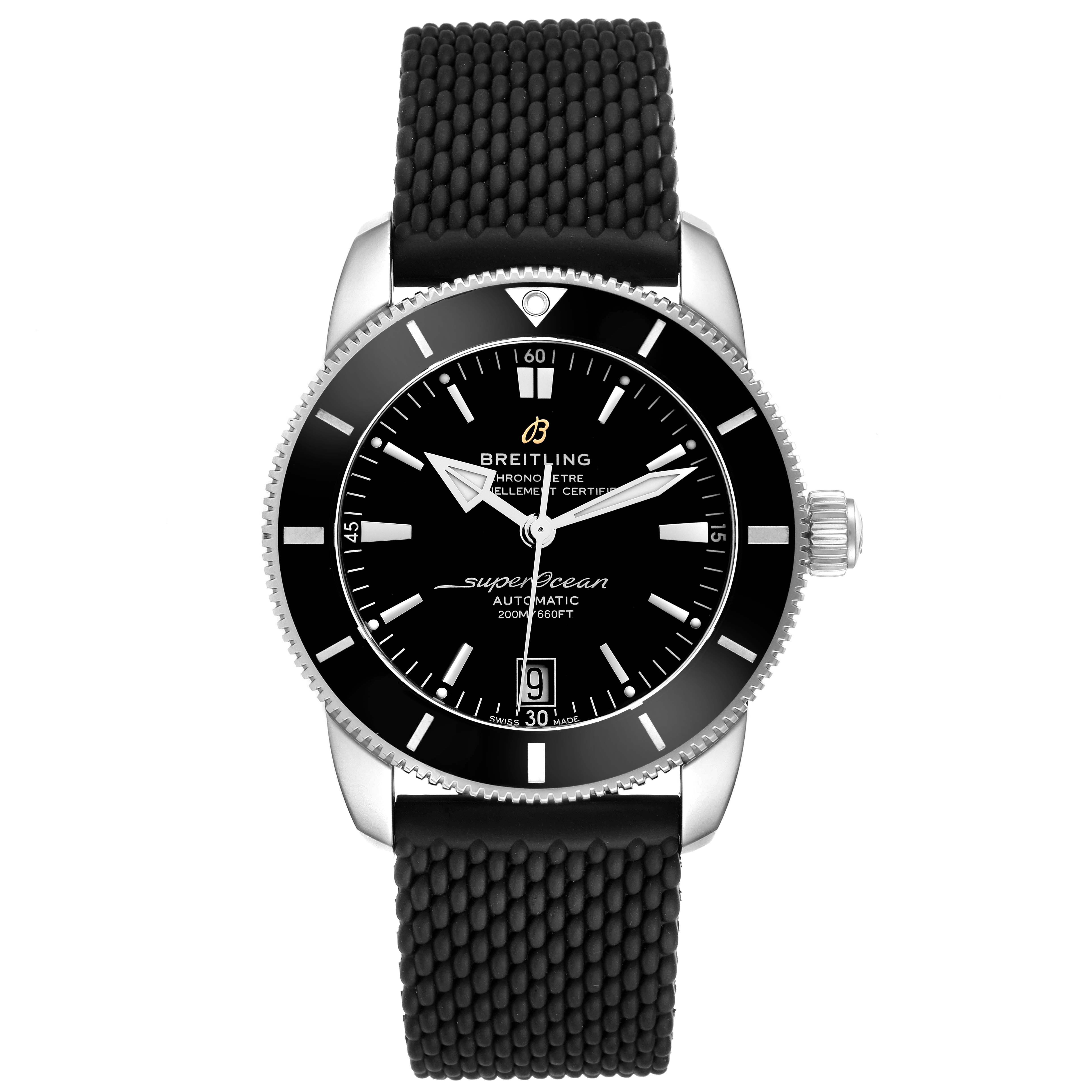 The image shows a front view of the Breitling Superocean AB2010 Men's Stainless Steel Black Dial AB2010 Men's Stainless Steel Black Dial watch, highlighting its black dial, bezel, and a textured black strap.