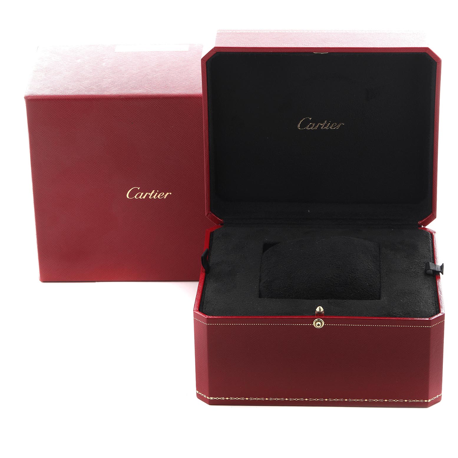 The image shows an open Cartier Ballon Bleu WE902030 Women
s Steel and Gold (two tone) Silver Dial WE902030 Women
s Steel and Gold (two tone) Silver Dial watch box with a black interior and the logo visible.