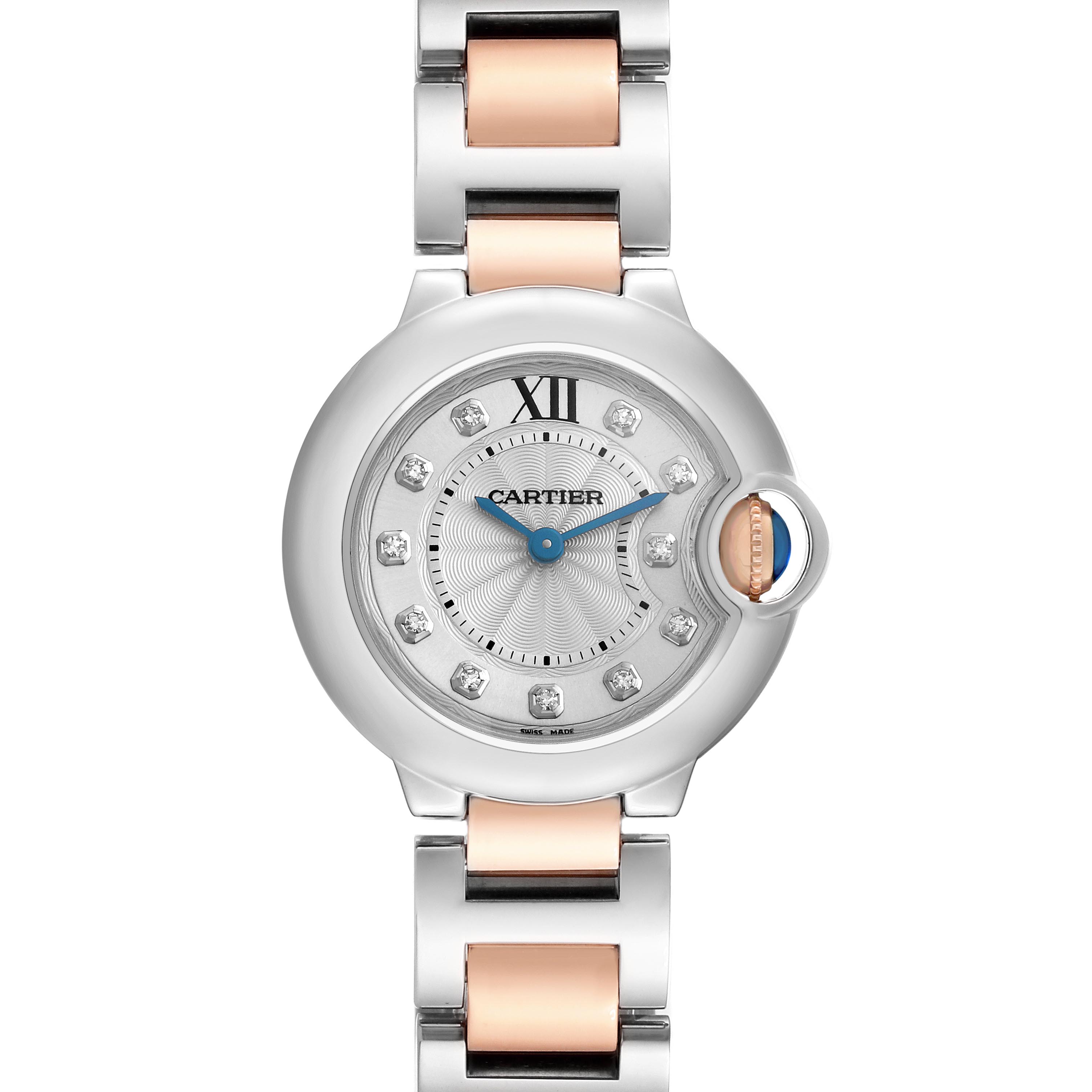 The Cartier Ballon Bleu WE902030 Women
s Steel and Gold (two tone) Silver Dial WE902030 Women
s Steel and Gold (two tone) Silver Dial watch is shown from a front view, displaying the face, crown, and bracelet.
