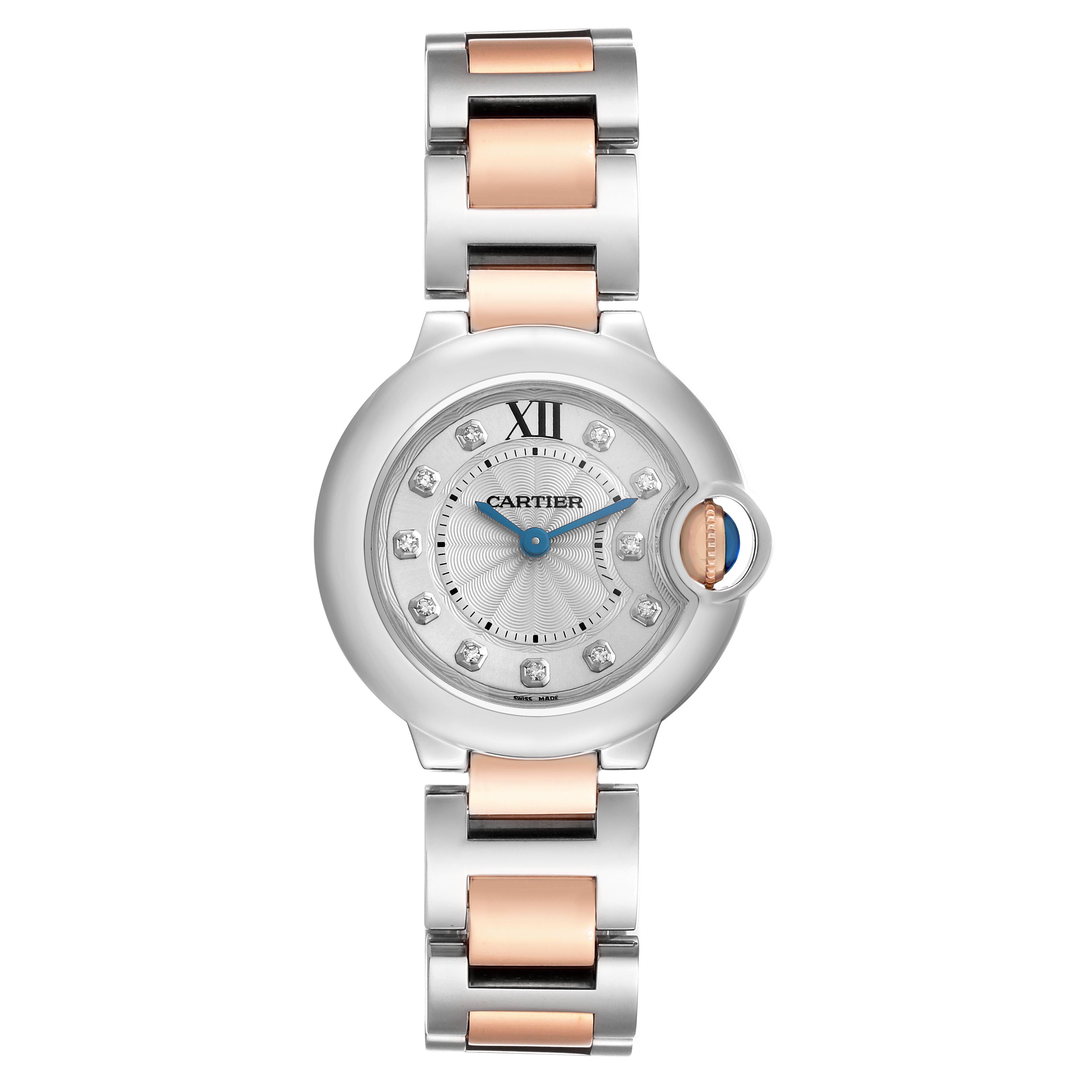 The Cartier Ballon Bleu WE902030 Women
s Steel and Gold (two tone) Silver Dial WE902030 Women
s Steel and Gold (two tone) Silver Dial watch is shown from the front, highlighting the face, bracelet, and distinctive crown.