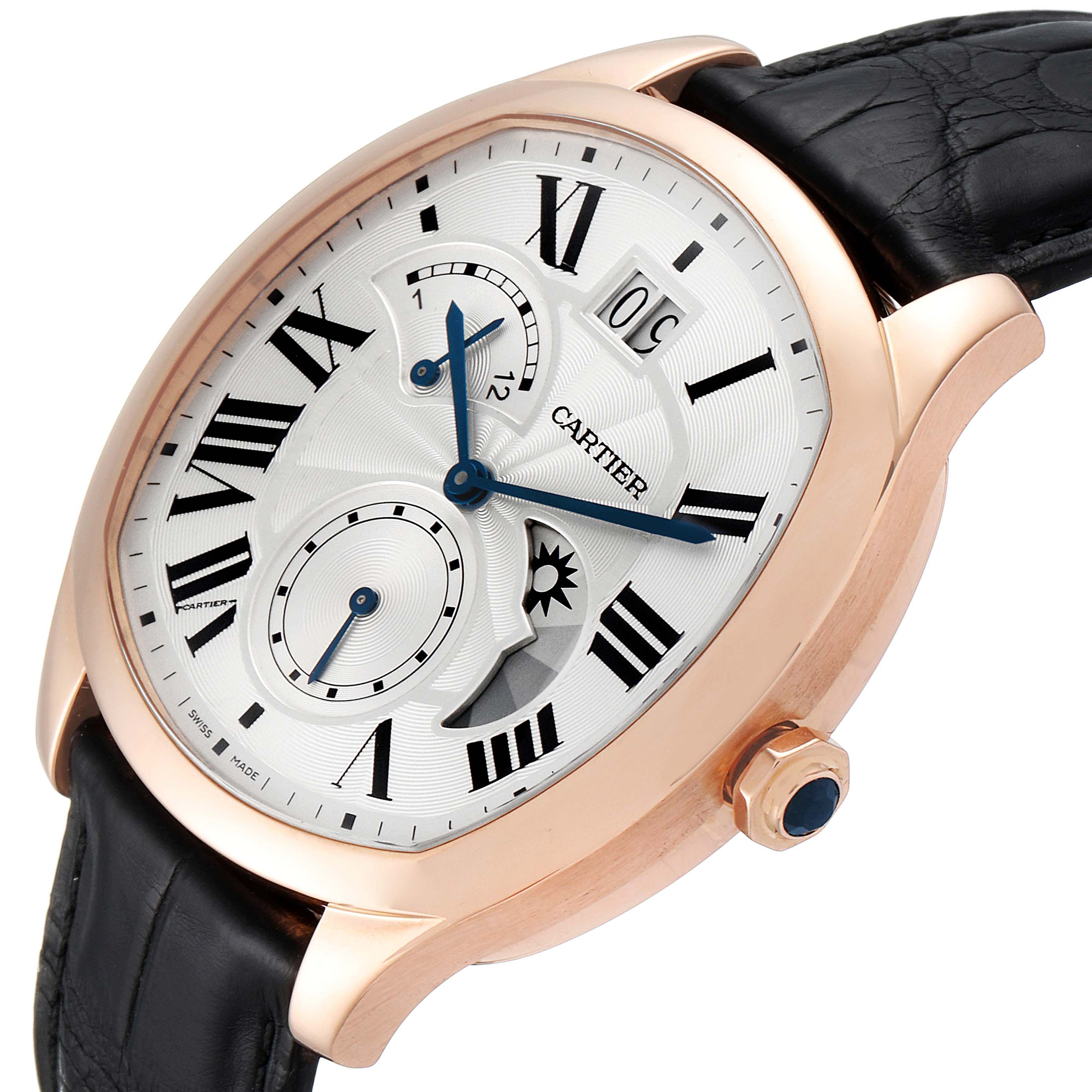 This image shows a Drive de Cartier watch by Cartier at an angled view highlighting its face, markers, and black leather strap.