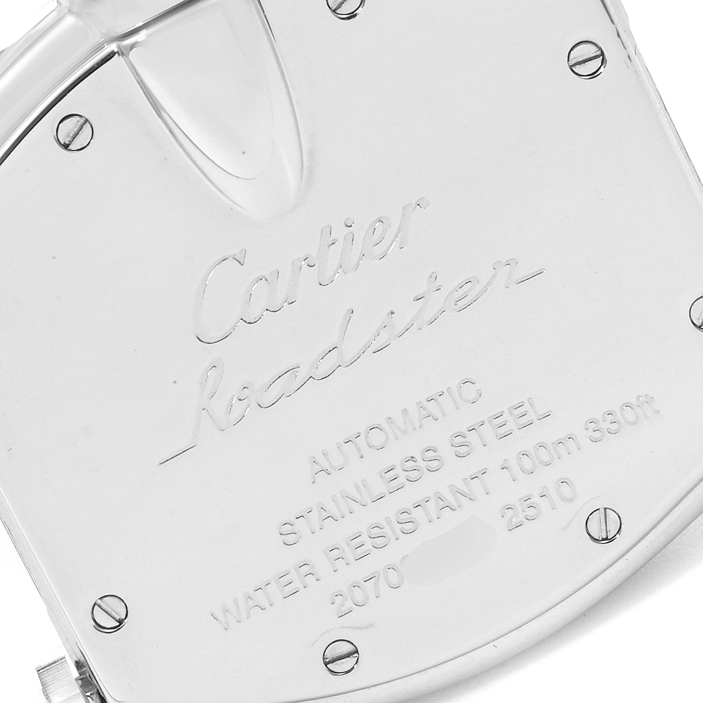 Close-up of the Cartier Roadster W62004V3 Men
s Stainless Steel Black Dial W62004V3 Men
s Stainless Steel Black Dial watch outer case back, displaying engraved details and screws.