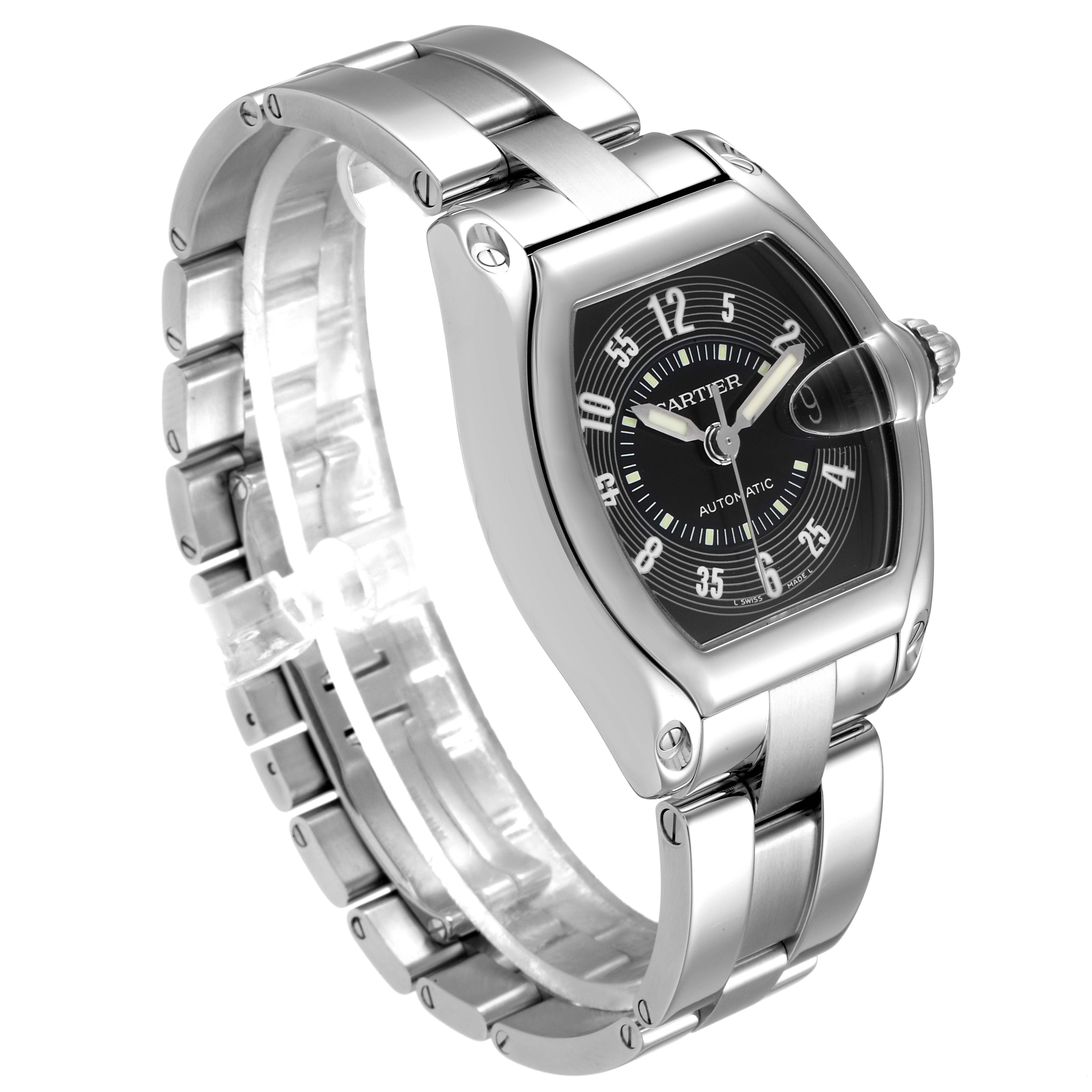 The Cartier Roadster W62004V3 Men
s Stainless Steel Black Dial W62004V3 Men
s Stainless Steel Black Dial watch is shown at an angle, highlighting its stainless steel bracelet, case, and black dial.