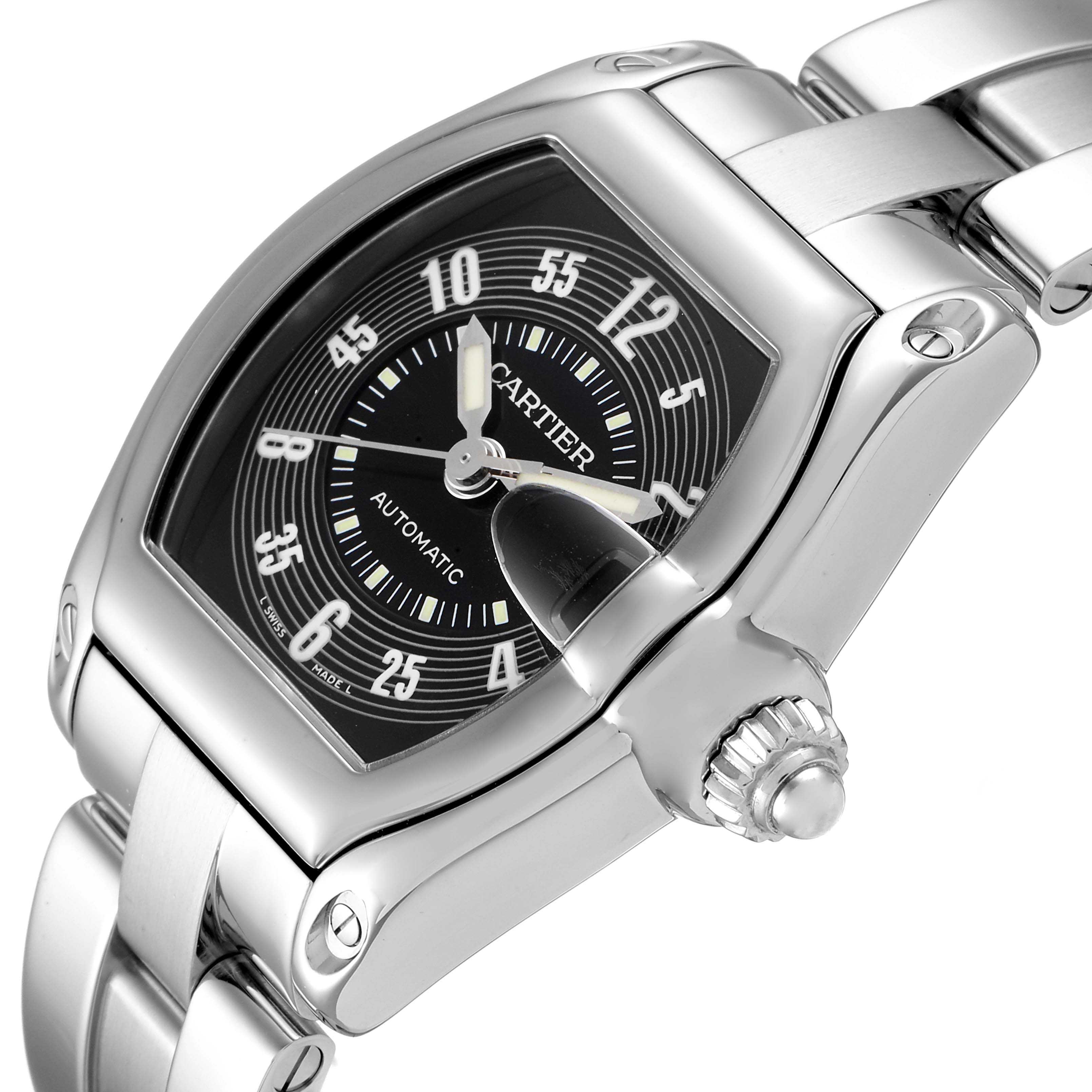 The image shows a Cartier Roadster W62004V3 Men
s Stainless Steel Black Dial W62004V3 Men
s Stainless Steel Black Dial watch from an angled view, highlighting the dial, bezel, and bracelet.