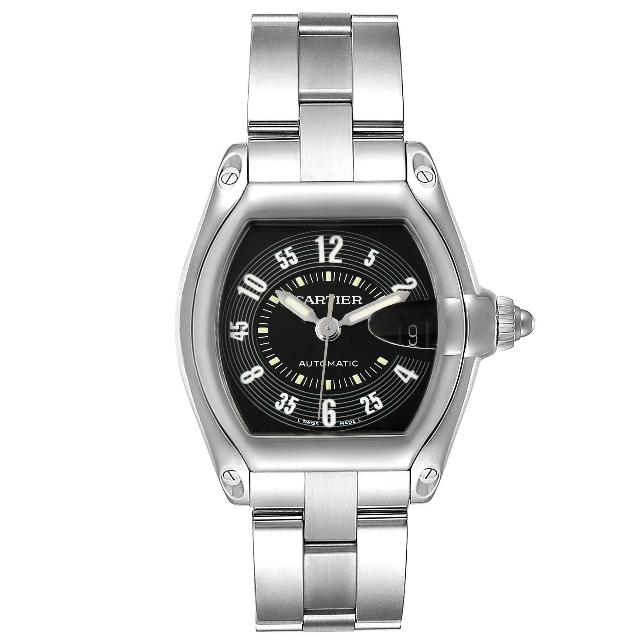 The image shows a frontal view of the Cartier Roadster W62004V3 Men
s Stainless Steel Black Dial W62004V3 Men
s Stainless Steel Black Dial watch, highlighting the face, case, and bracelet.