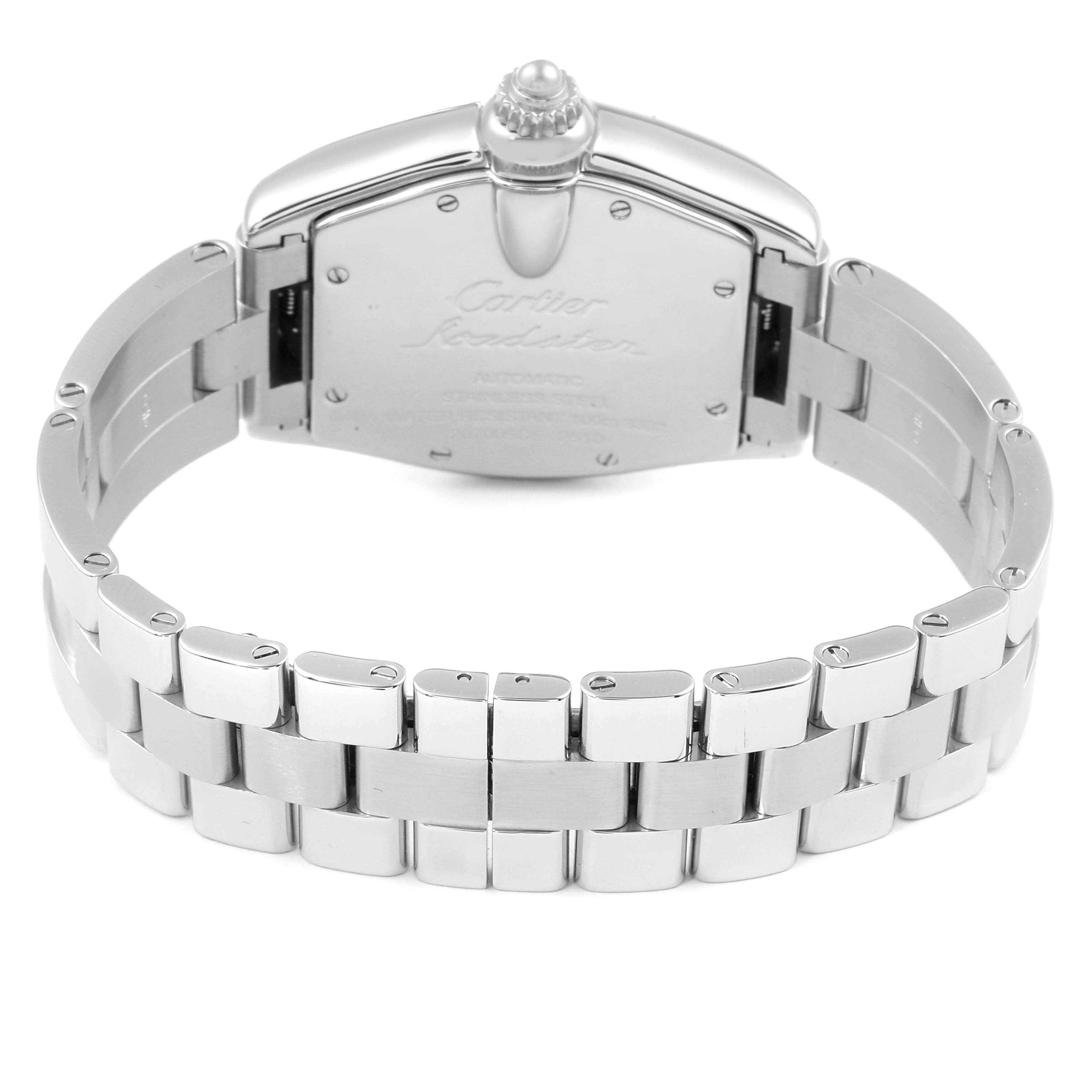 This image shows the back view of the Cartier Roadster W62004V3 Men
s Stainless Steel Black Dial W62004V3 Men
s Stainless Steel Black Dial watch, highlighting its bracelet and case back.