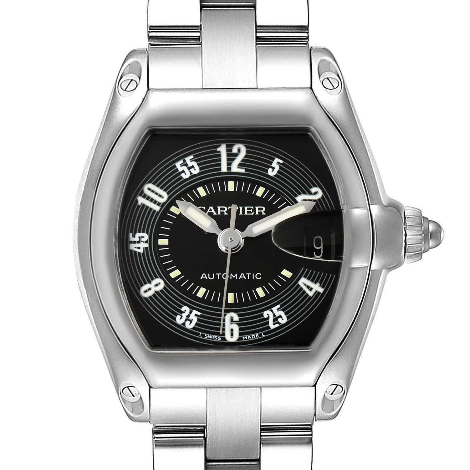 The Cartier Roadster W62004V3 Men
s Stainless Steel Black Dial W62004V3 Men
s Stainless Steel Black Dial watch is shown from the front, displaying its dial, hands, and part of the bracelet.