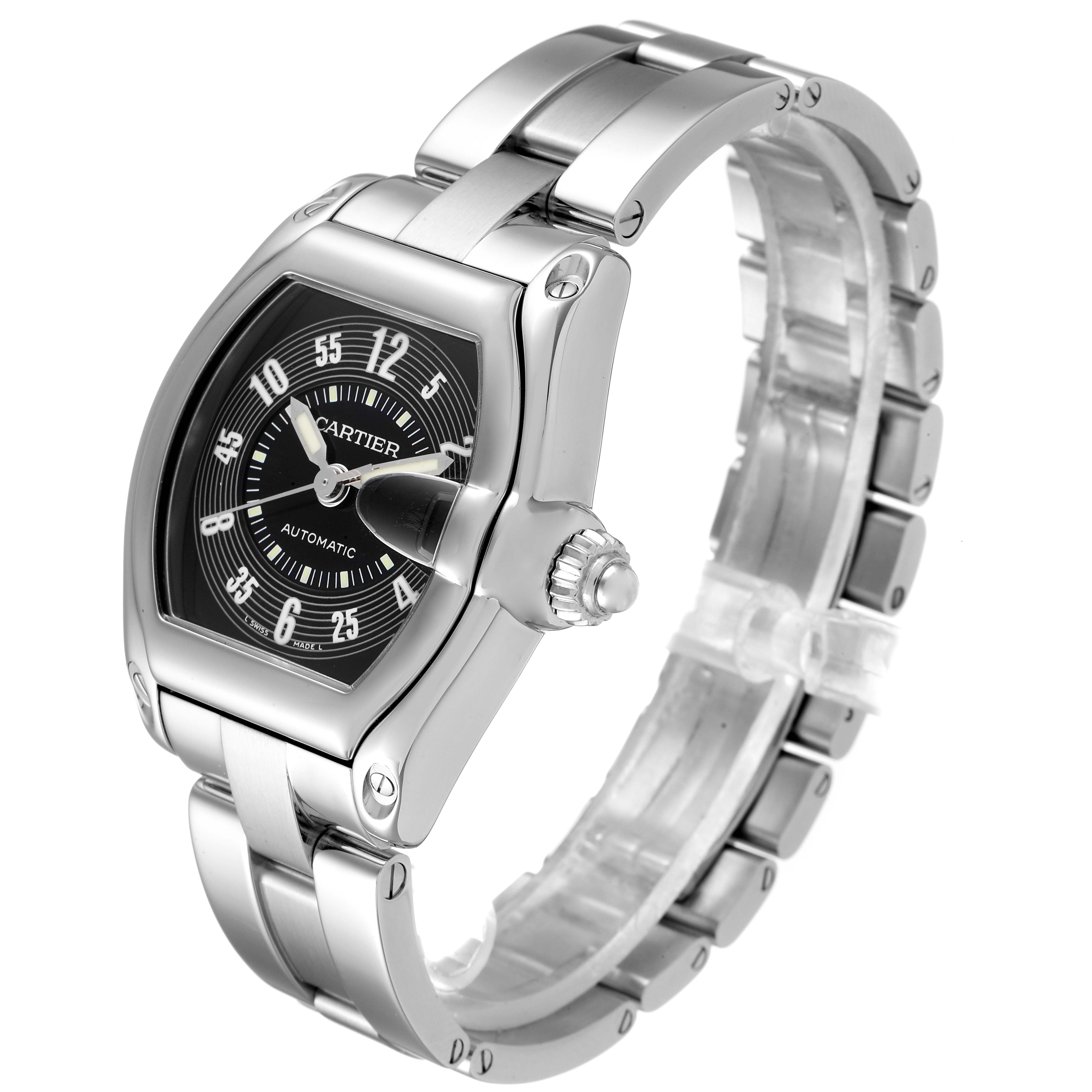 The image shows a Cartier Roadster W62004V3 Men
s Stainless Steel Black Dial W62004V3 Men
s Stainless Steel Black Dial watch at an angled view highlighting the face, bezel, crown, and metal bracelet.