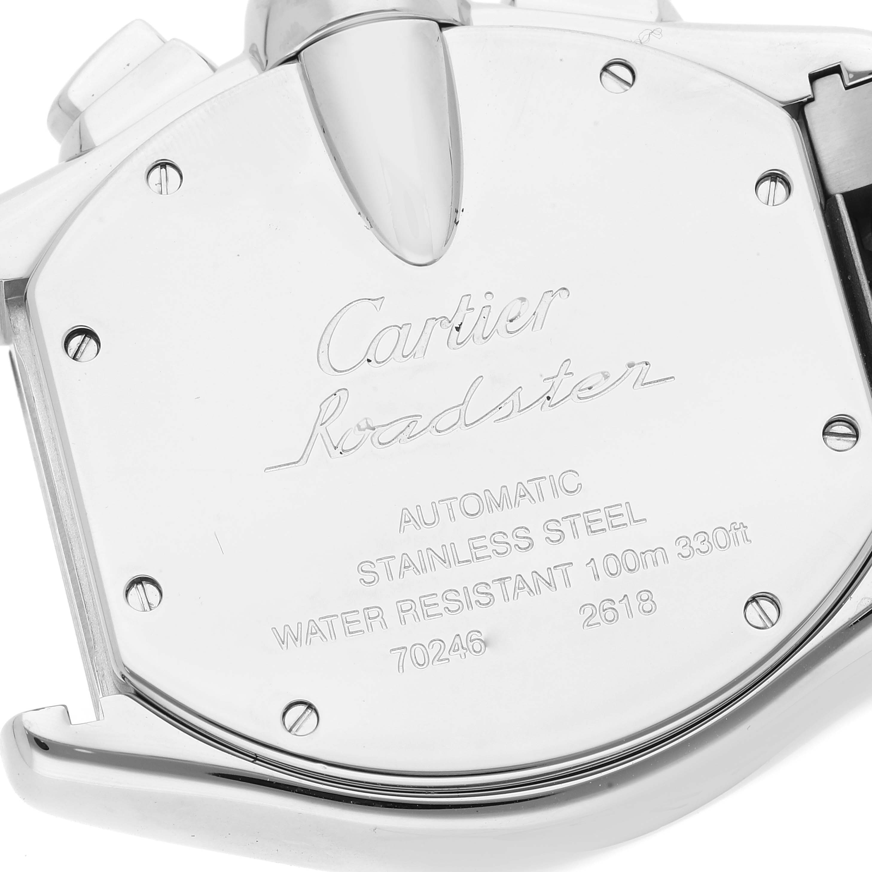 This image shows the back casing of a Cartier Roadster W62007X6 Men's Stainless Steel Black Dial W62007X6 Men's Stainless Steel Black Dial model watch, highlighting its inscriptions and stainless steel construction.