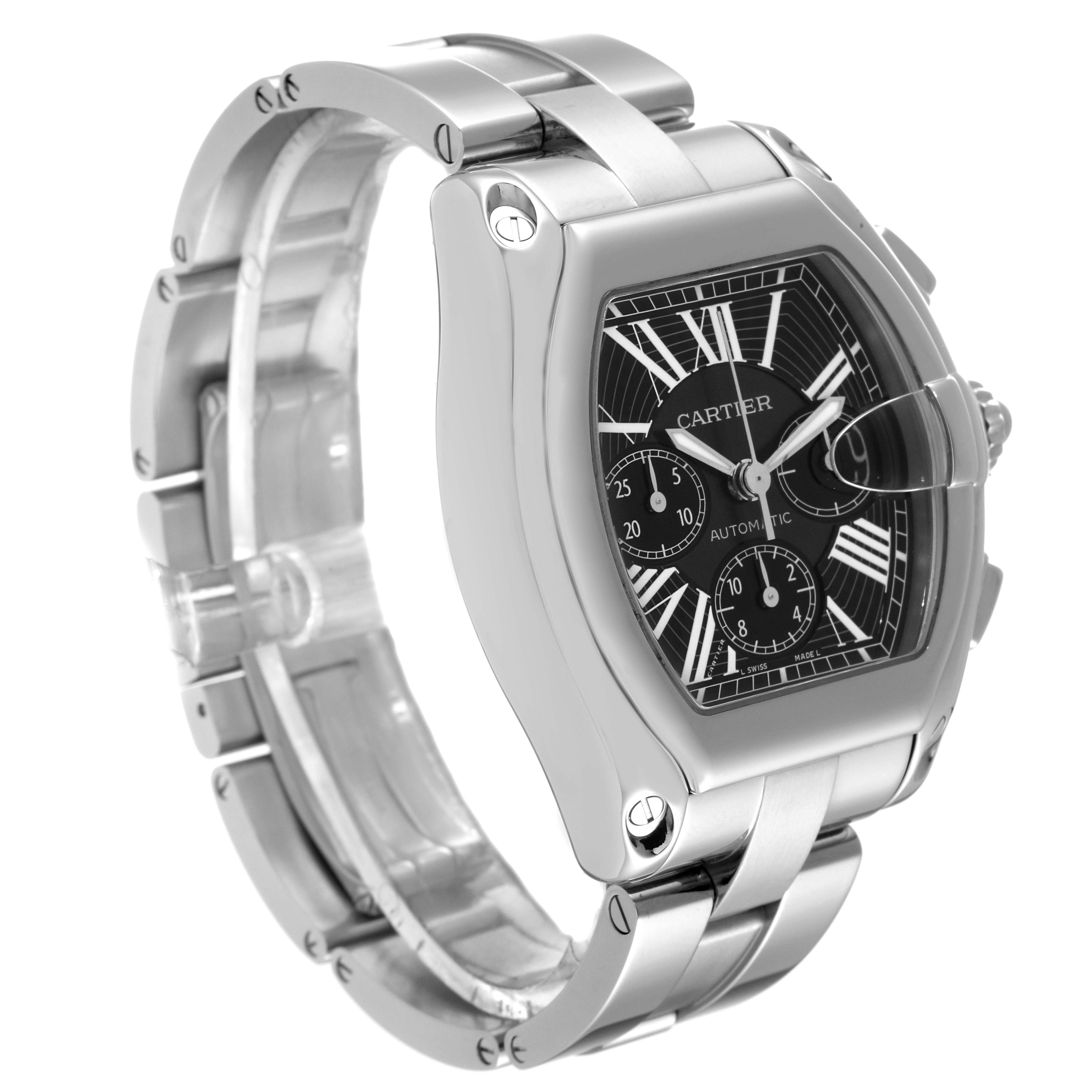 This image shows a Cartier Roadster W62007X6 Men's Stainless Steel Black Dial W62007X6 Men's Stainless Steel Black Dial watch at a three-quarter angle, highlighting its face, case, and bracelet.