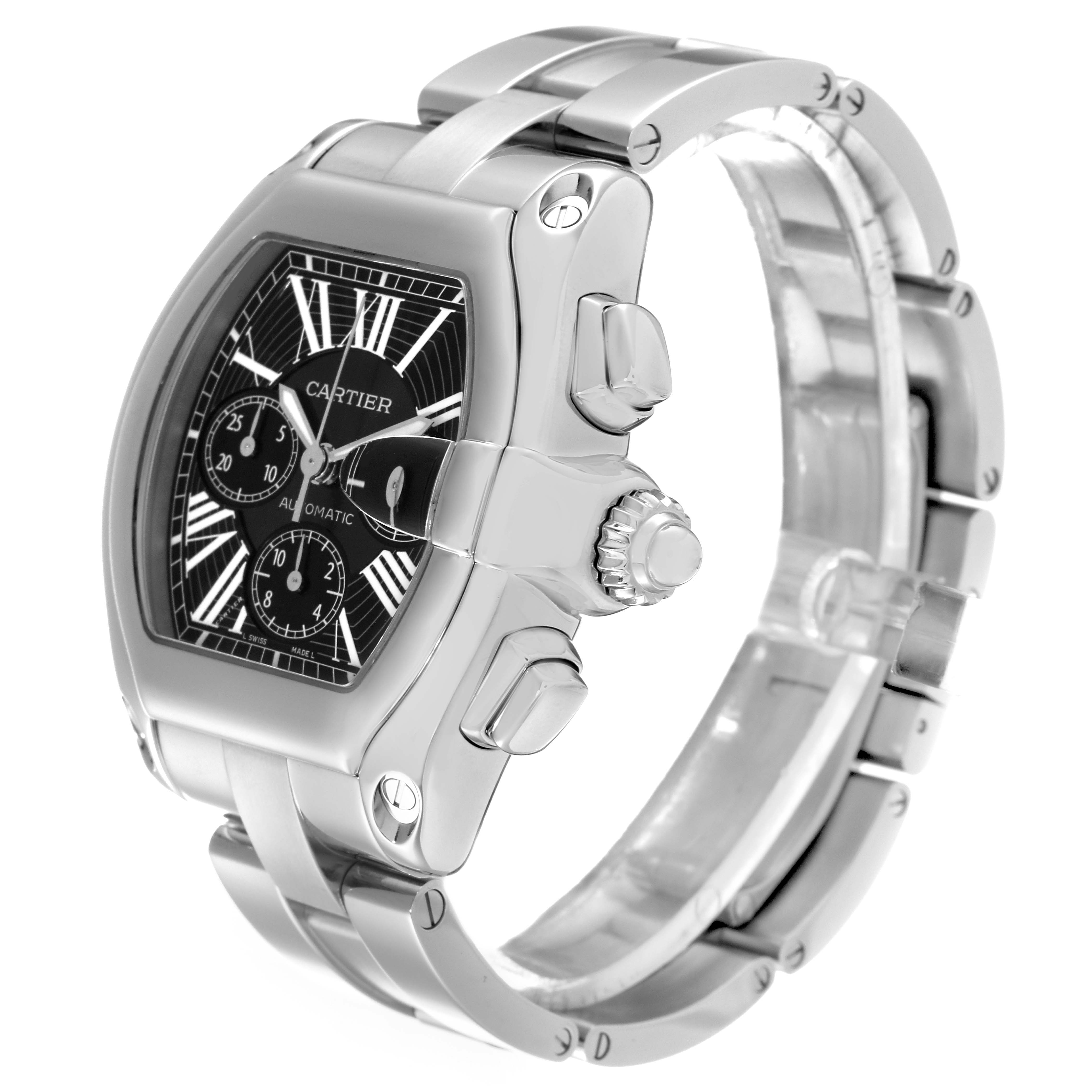 The Cartier Roadster W62007X6 Men's Stainless Steel Black Dial W62007X6 Men's Stainless Steel Black Dial watch is shown in a three-quarter angle, displaying the face, side buttons, and band.