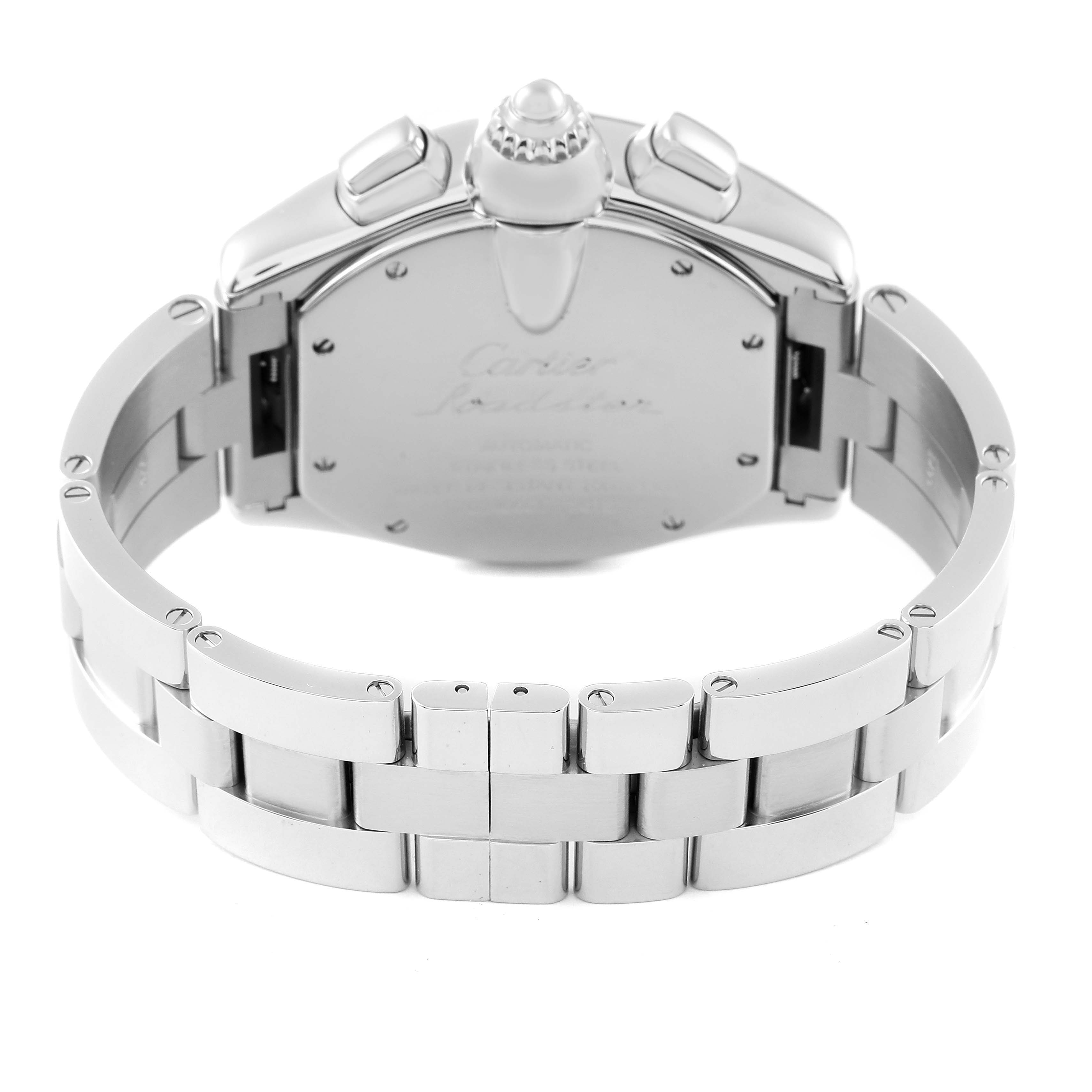 This image shows the back case and bracelet of the Cartier Roadster W62007X6 Men's Stainless Steel Black Dial W62007X6 Men's Stainless Steel Black Dial watch from a rear angle.