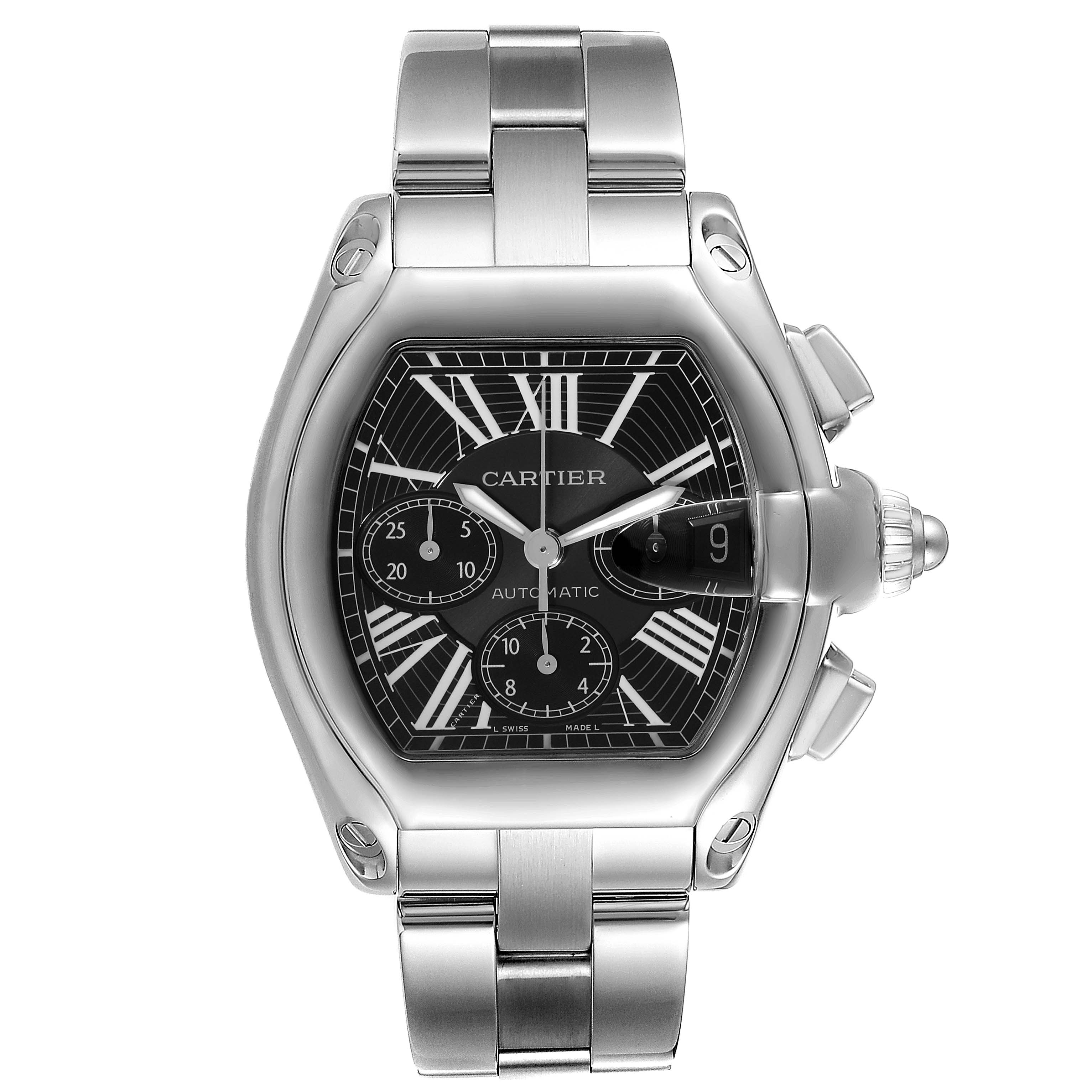 The image shows a Cartier Roadster W62007X6 Men's Stainless Steel Black Dial W62007X6 Men's Stainless Steel Black Dial watch from a top-down angle highlighting its face, dials, and stainless steel band.