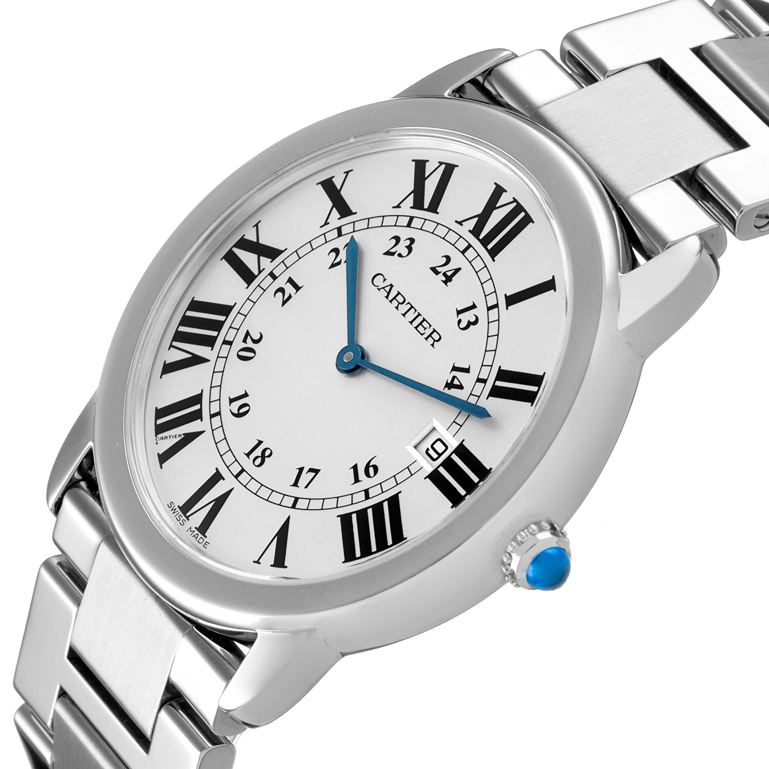 The Cartier Ronde W6701005 Men's Stainless Steel Silver Dial watch is shown at an angled side view, highlighting the face, hands, dial, and bracelet.