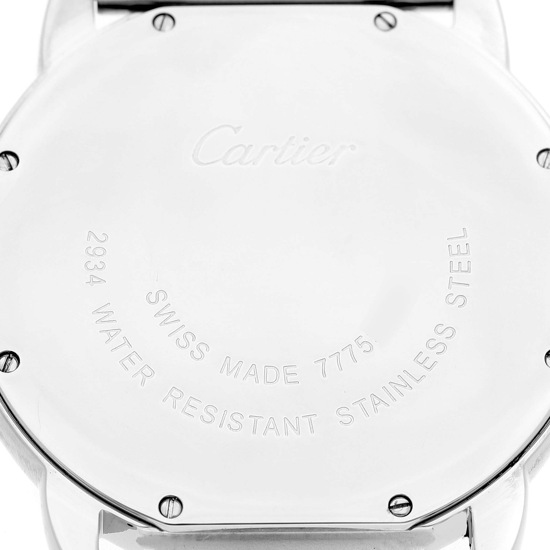 The image shows the back of the Cartier Ronde W6701005 Men's Stainless Steel Silver Dial watch, highlighting the engraved details on the stainless steel case back.