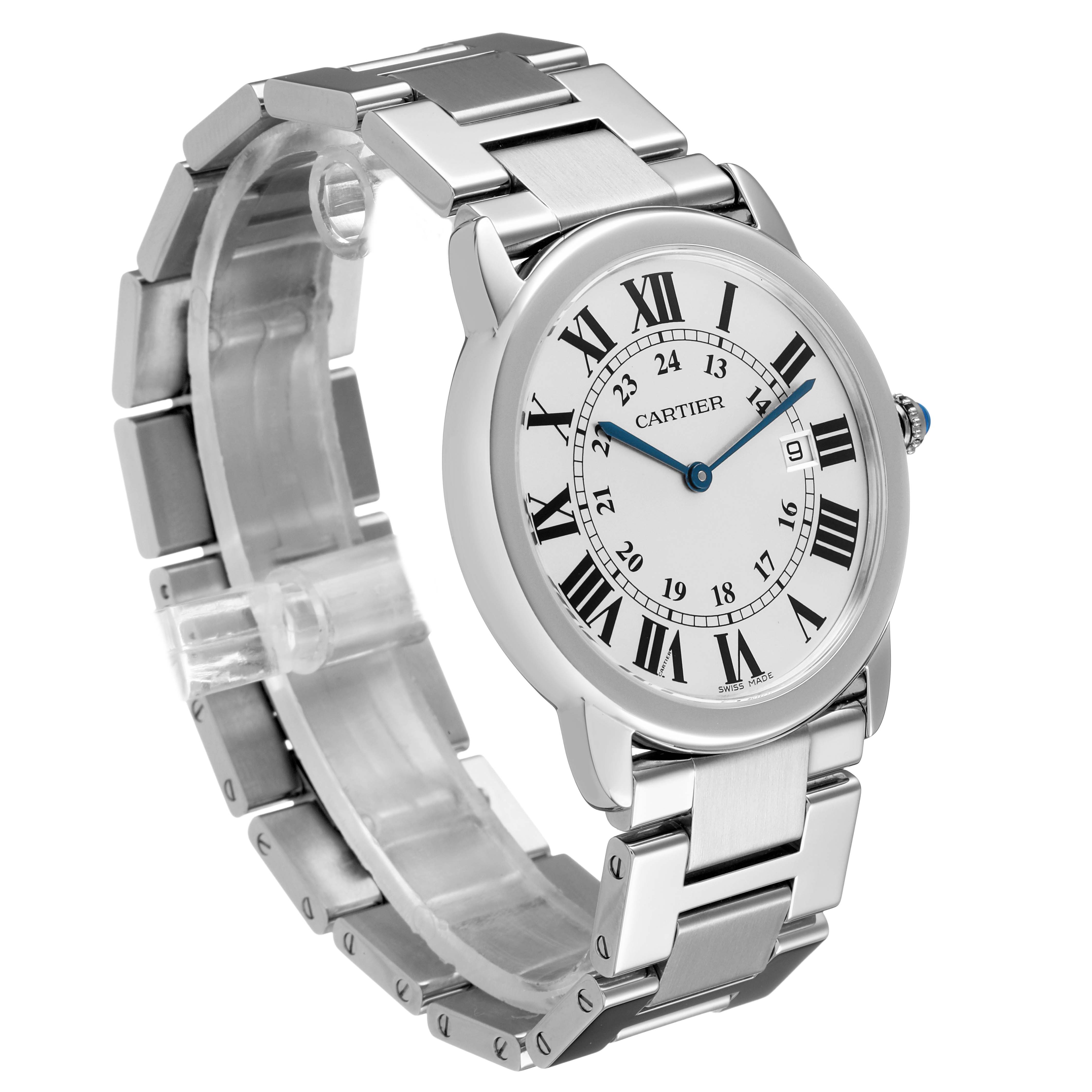 The Cartier Ronde W6701005 Men's Stainless Steel Silver Dial watch is shown at a three-quarter angle, displaying the face, bracelet, and crown.