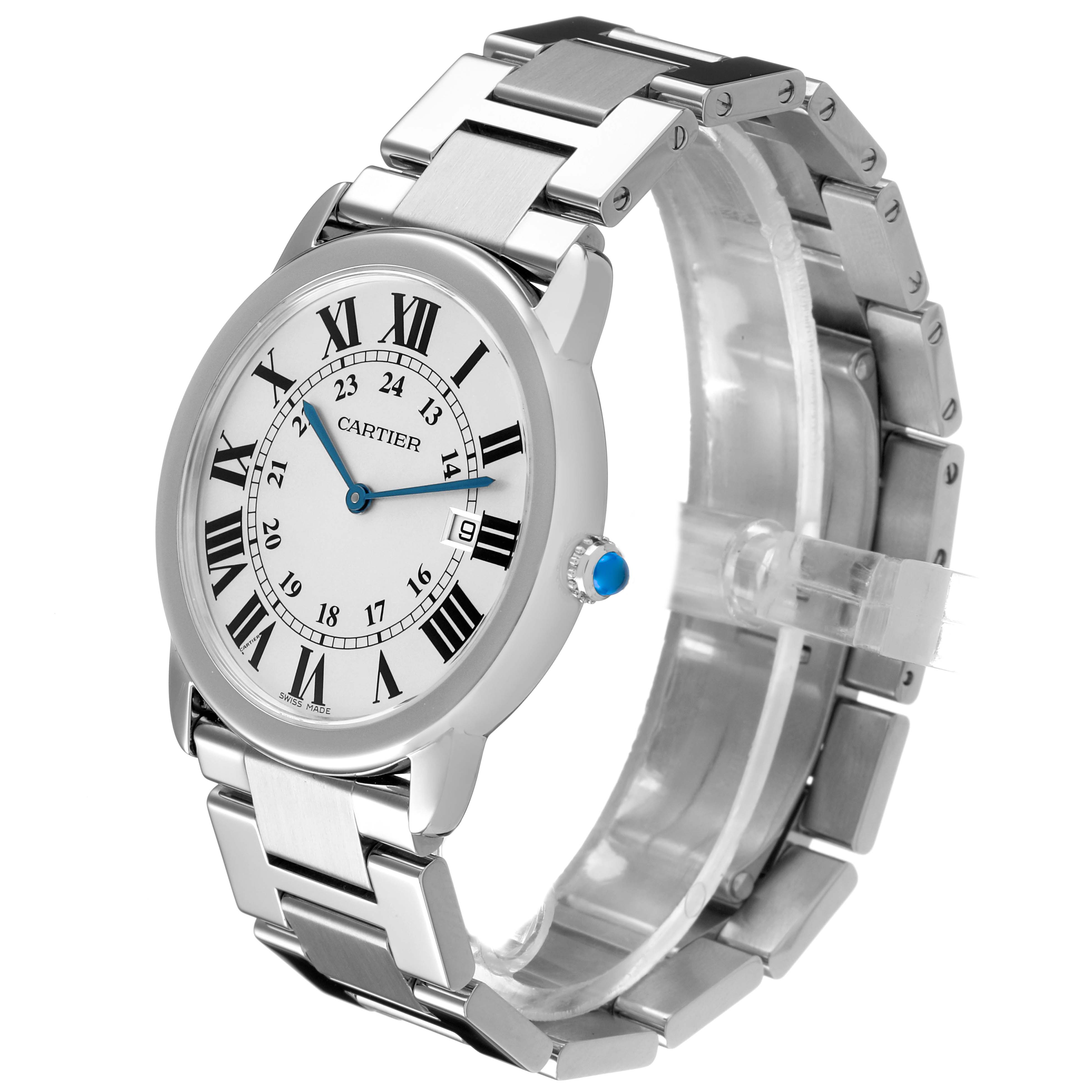 The Cartier Ronde W6701005 Men's Stainless Steel Silver Dial watch is shown from a front angle, highlighting the dial, case, bracelet, and blue cabochon crown.