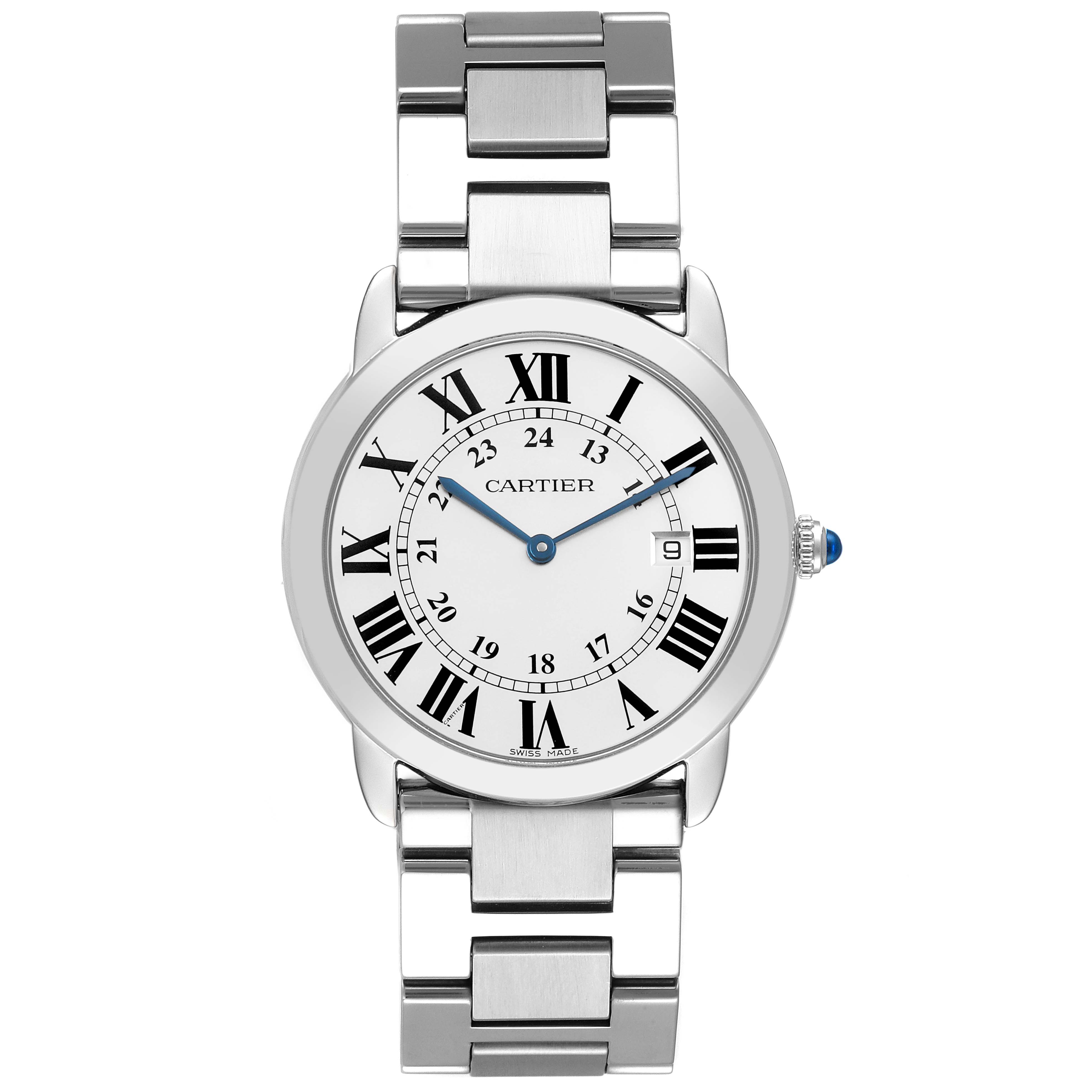 The Cartier Ronde W6701005 Men's Stainless Steel Silver Dial watch is shown from a front angle, displaying the face, Roman numerals, hands, and metal bracelet.
