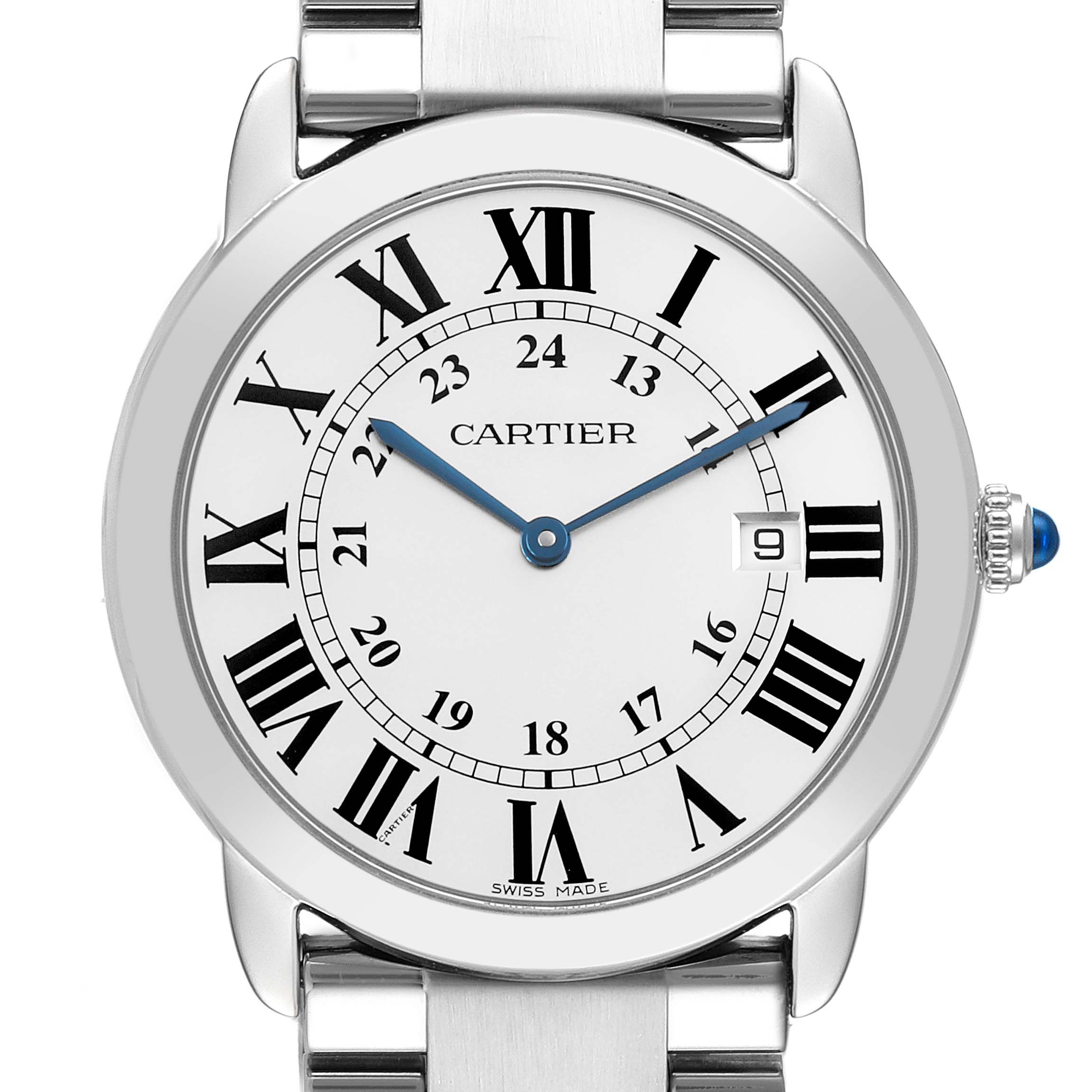 The Cartier Ronde W6701005 Men's Stainless Steel Silver Dial model is shown from a front angle, highlighting its dial, Roman numerals, blue hands, and date window.