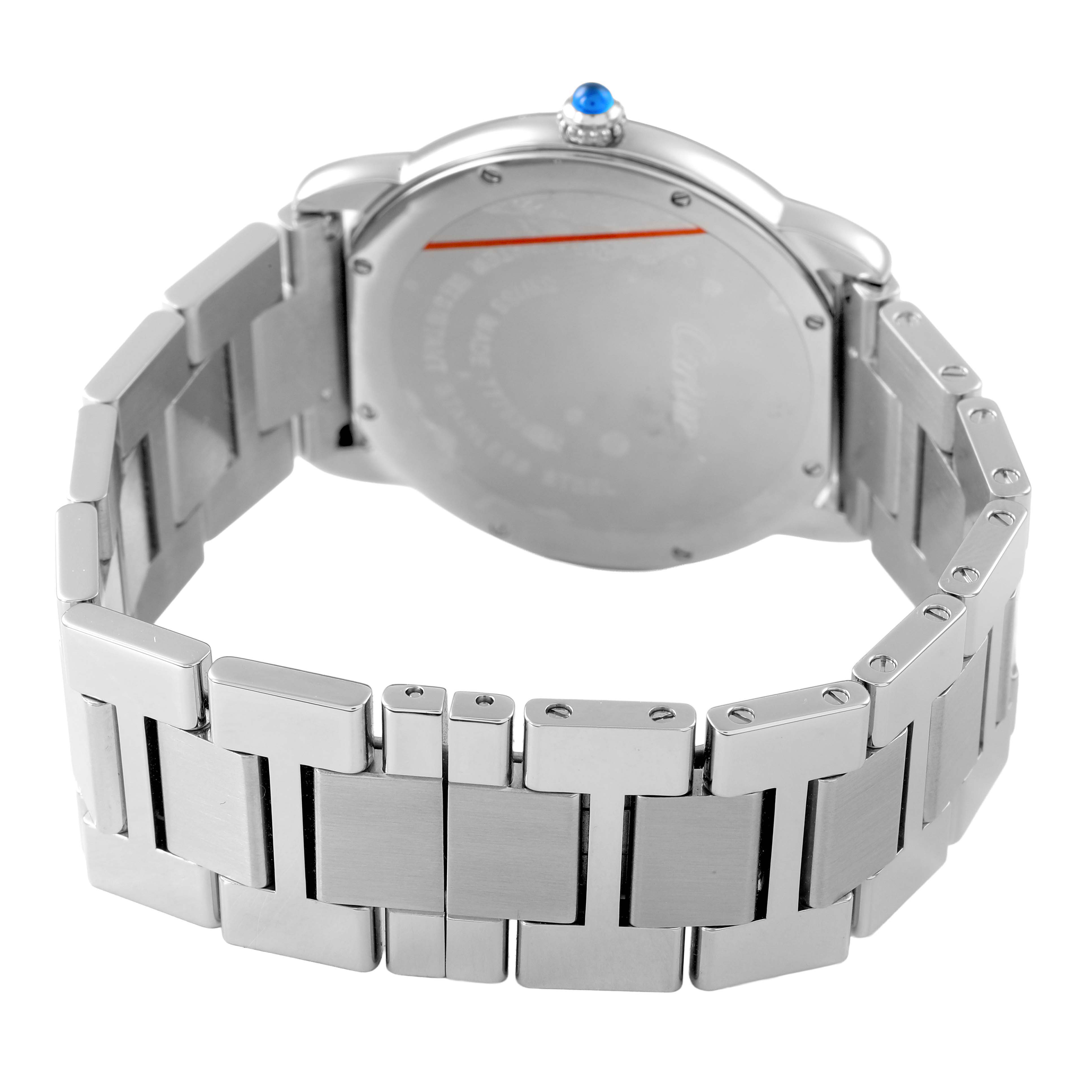 The image shows the back and bracelet of a Cartier Ronde W6701005 Men's Stainless Steel Silver Dial watch, highlighting the clasp and blue cabochon crown.