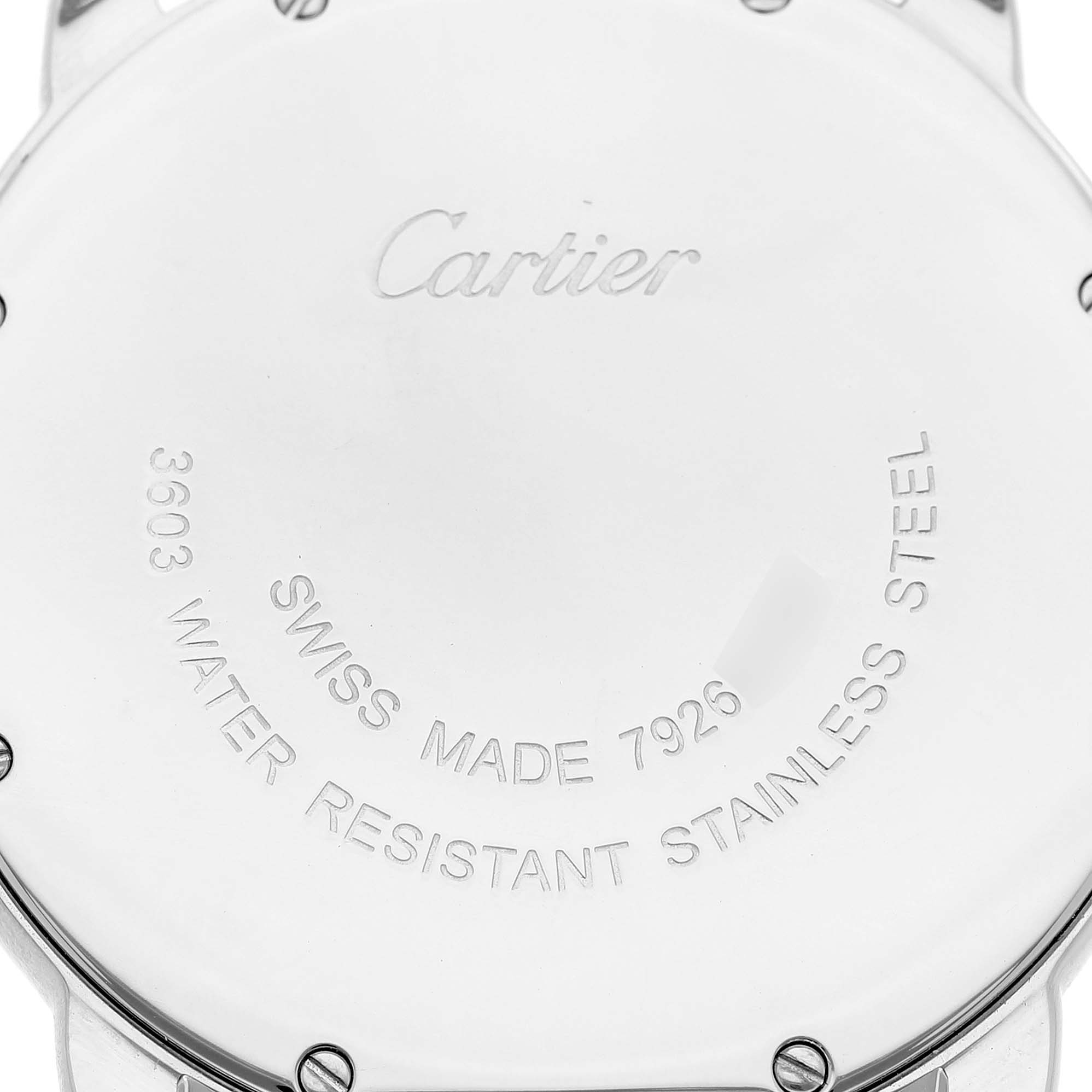 The image shows the back case of the Cartier Ronde W6701005 Men's Stainless Steel Silver Dial watch, featuring engravings of the brand, model number, and material details.