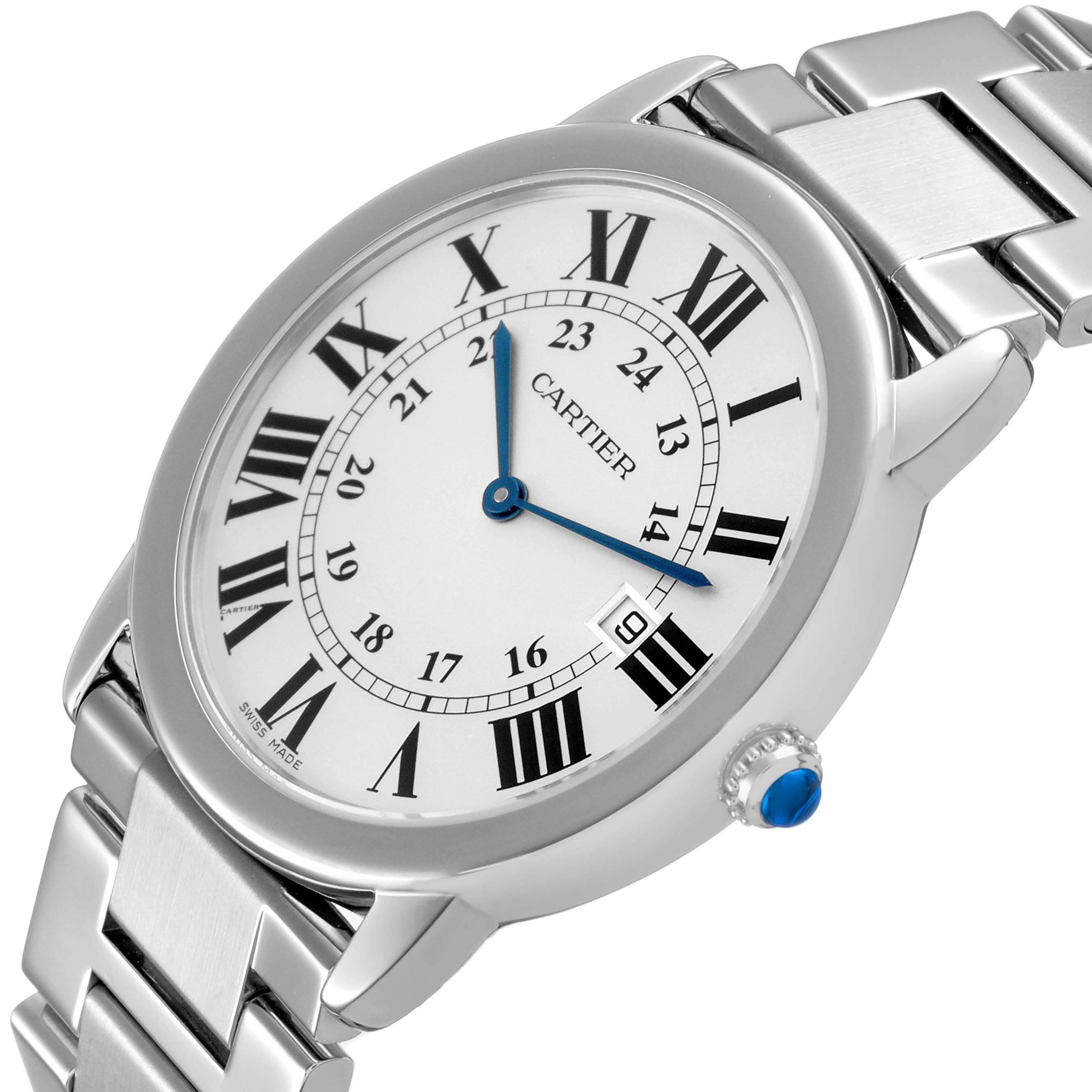 The Cartier Ronde W6701005 Men's Stainless Steel Silver Dial watch is shown at an angled view, highlighting the face, crown, and part of the bracelet band.