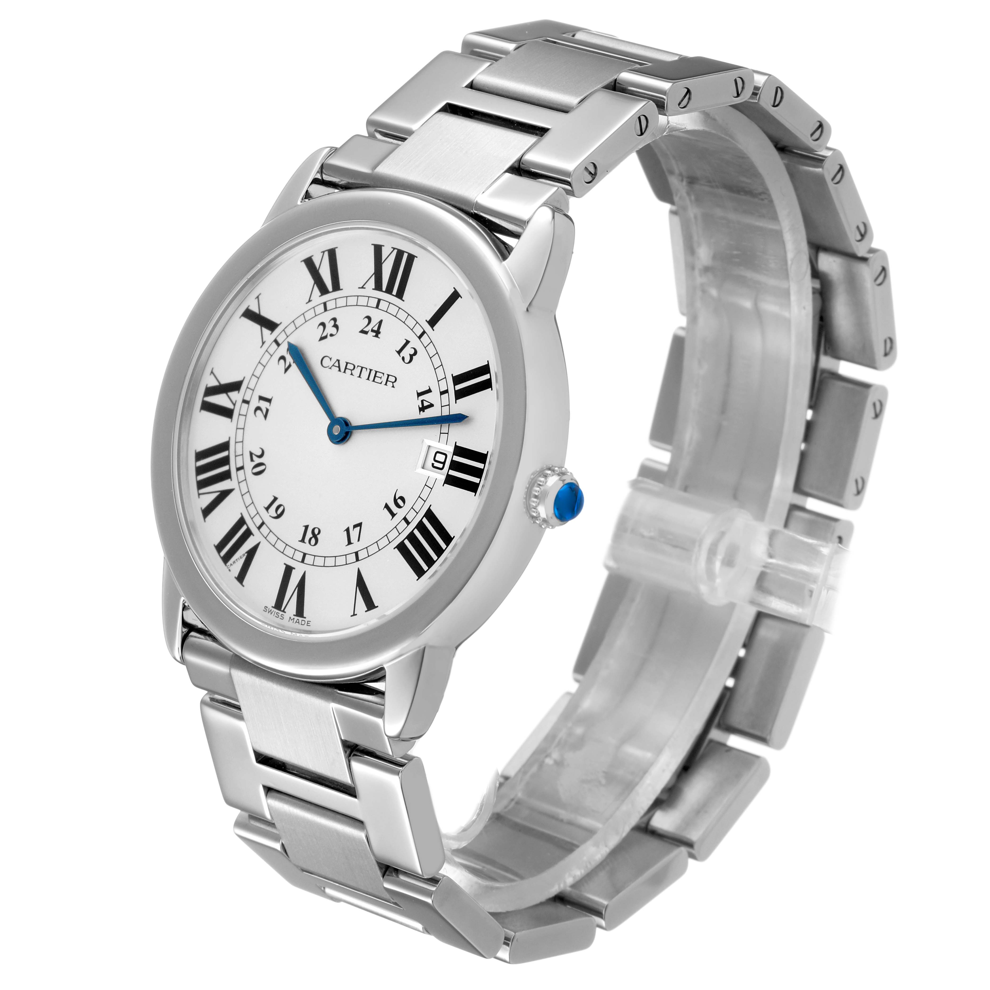 The Cartier Ronde W6701005 Men's Stainless Steel Silver Dial watch is shown at an angled side view, highlighting its face, bracelet, and crown with a blue cabochon.