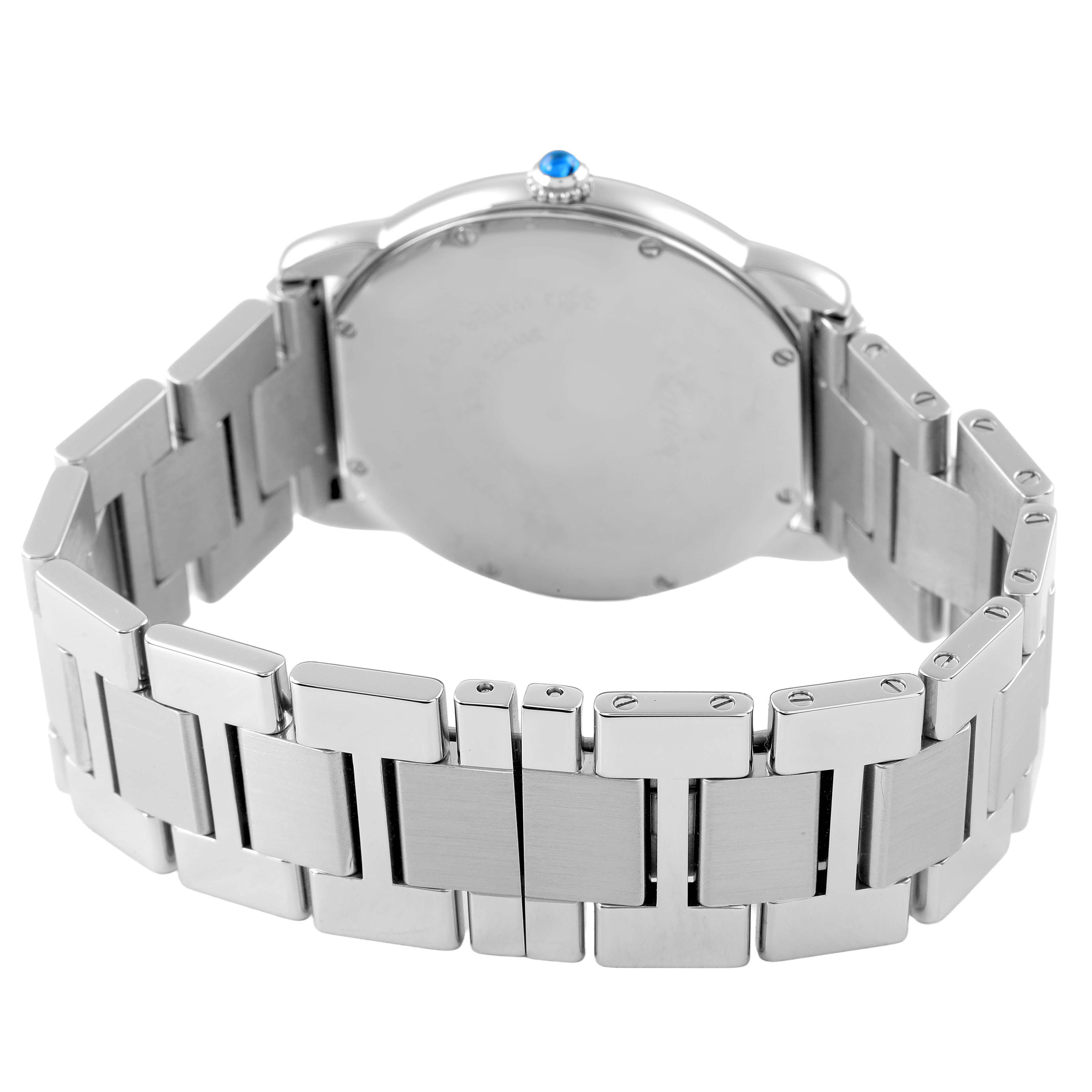 The image shows the back of the Cartier Ronde W6701005 Men's Stainless Steel Silver Dial watch, highlighting the metal bracelet and polished case, viewed from a rear angle.