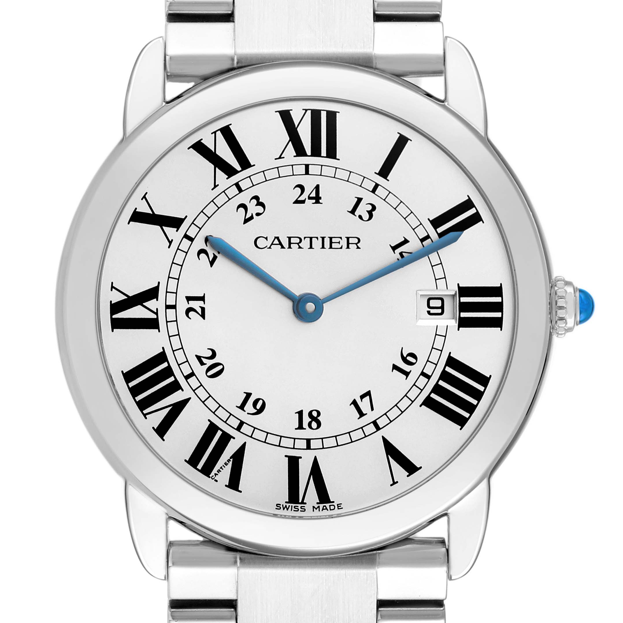 The Cartier Ronde W6701005 Men's Stainless Steel Silver Dial watch is shown from the front, highlighting its Roman numerals, blue hands, and date window.
