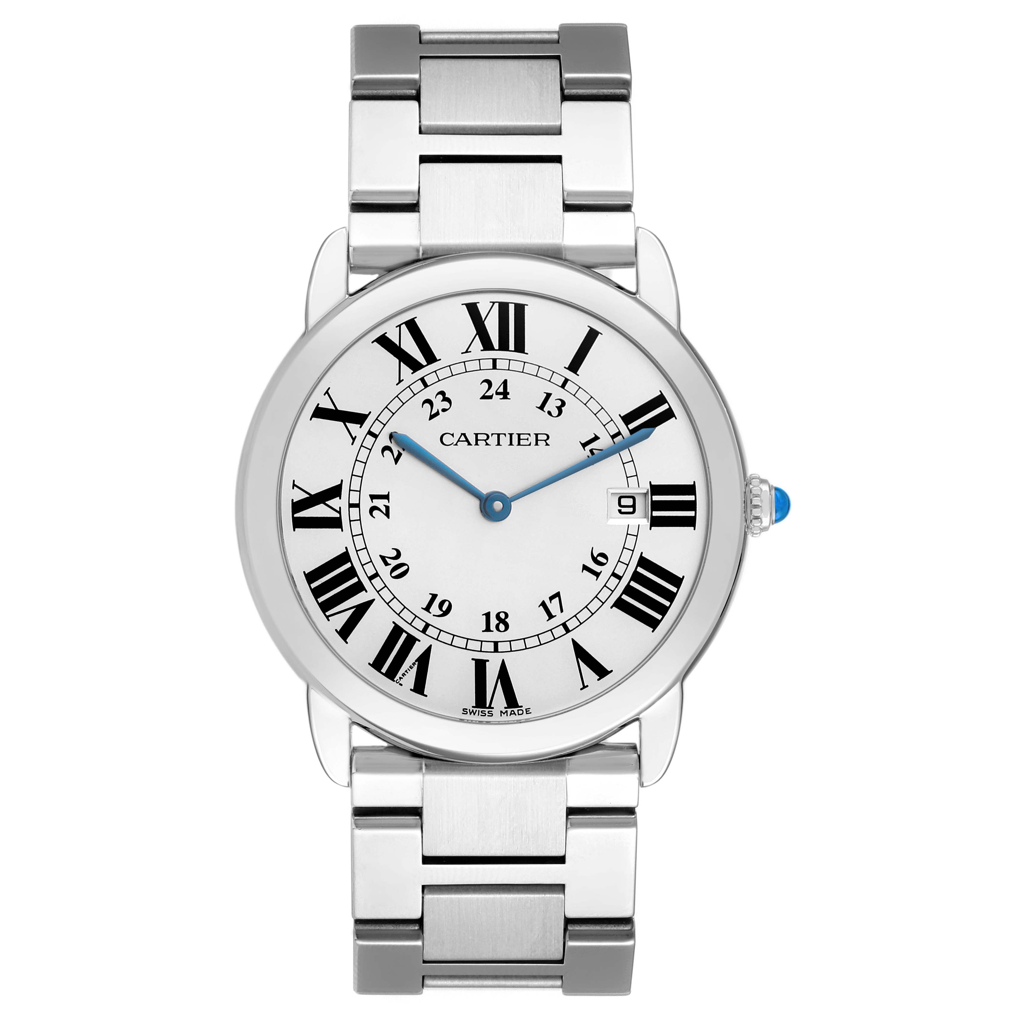The Cartier Ronde W6701005 Men's Stainless Steel Silver Dial model watch is shown from a front view displaying the face, Roman numerals, hands, and metal bracelet.