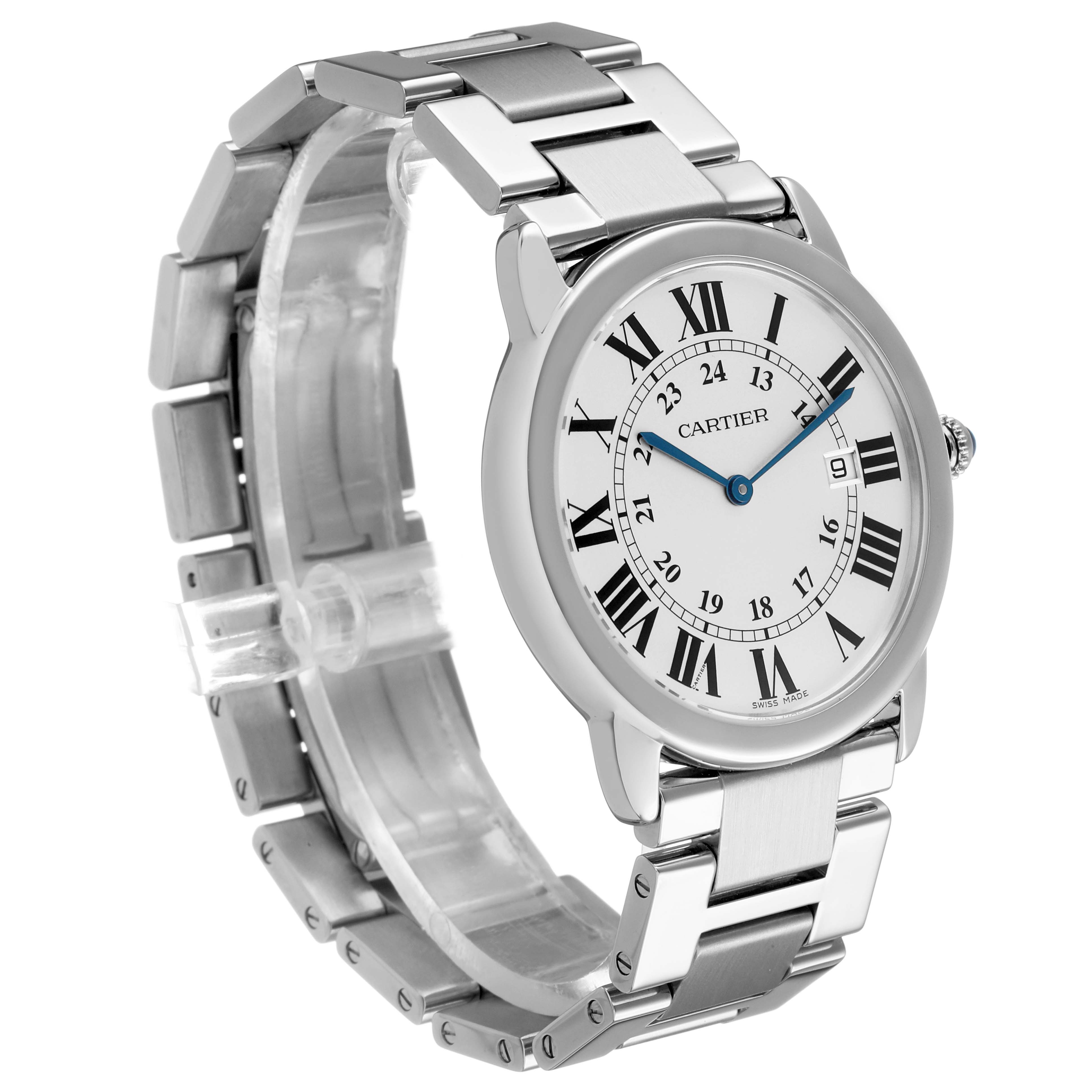 The Cartier Ronde W6701005 Men's Stainless Steel Silver Dial watch is shown at a slight angle highlighting the face, bezel, bracelet, and crown.