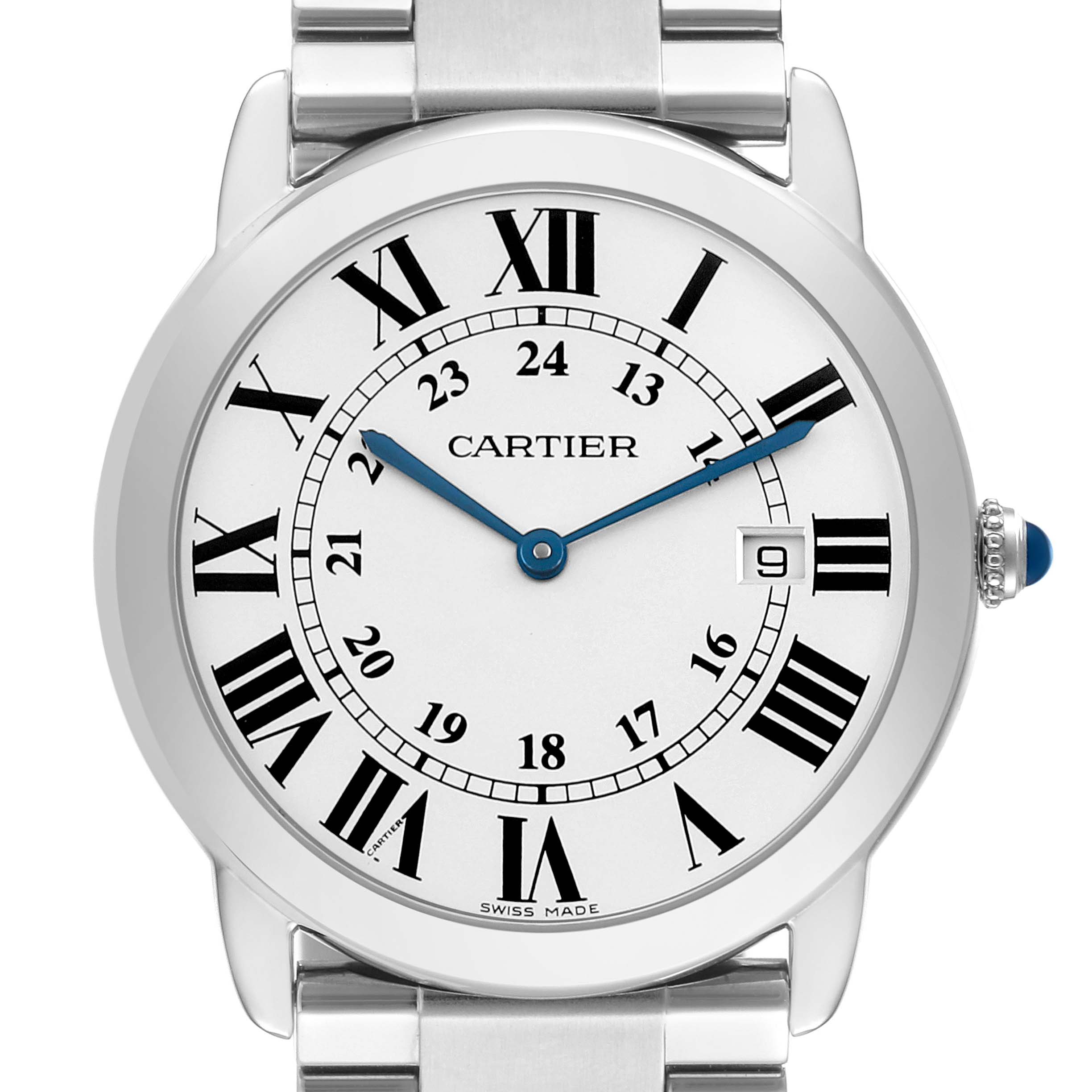 This image shows the watch face of a Cartier Ronde W6701005 Men's Stainless Steel Silver Dial model from a front angle, displaying Roman numerals and a date window.