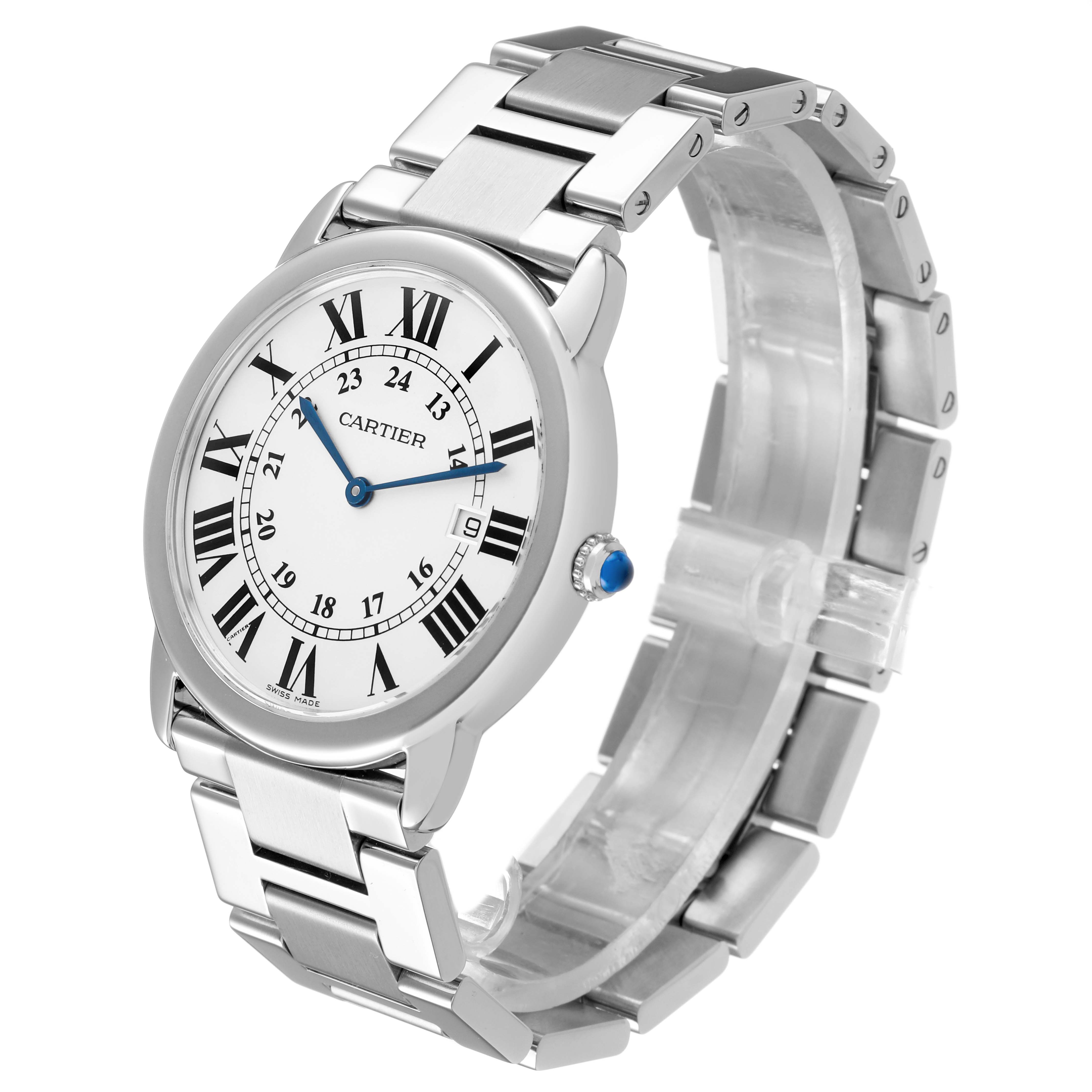 The Cartier Ronde W6701005 Men's Stainless Steel Silver Dial watch is shown at a three-quarter angle, highlighting the face, bracelet, and crown.