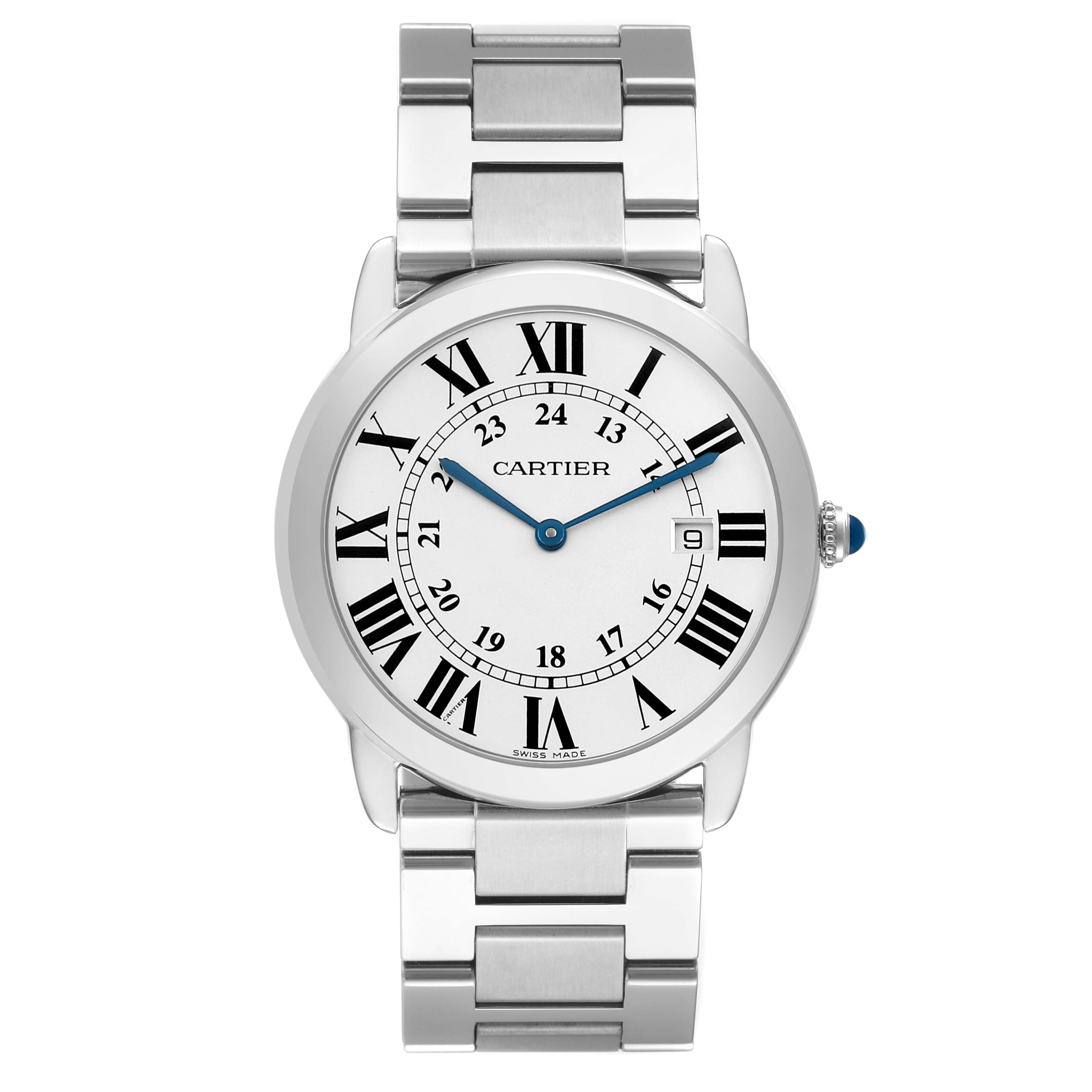 The Cartier Ronde W6701005 Men's Stainless Steel Silver Dial is shown from the front, displaying its dial, Roman numerals, date window, and bracelet.