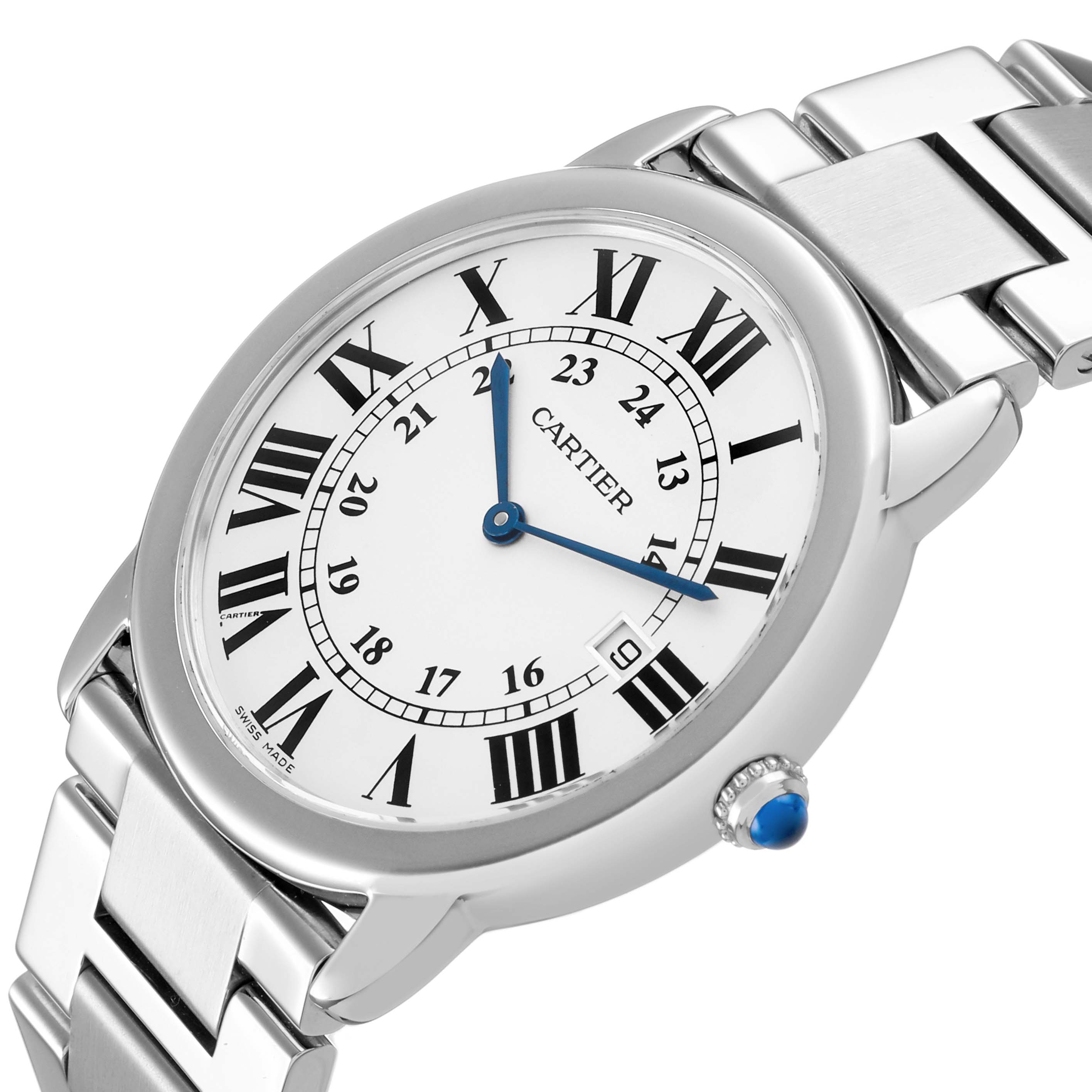 The Cartier Ronde W6701005 Men's Stainless Steel Silver Dial watch is shown at a slight side angle, highlighting the face, Roman numerals, and metal bracelet.